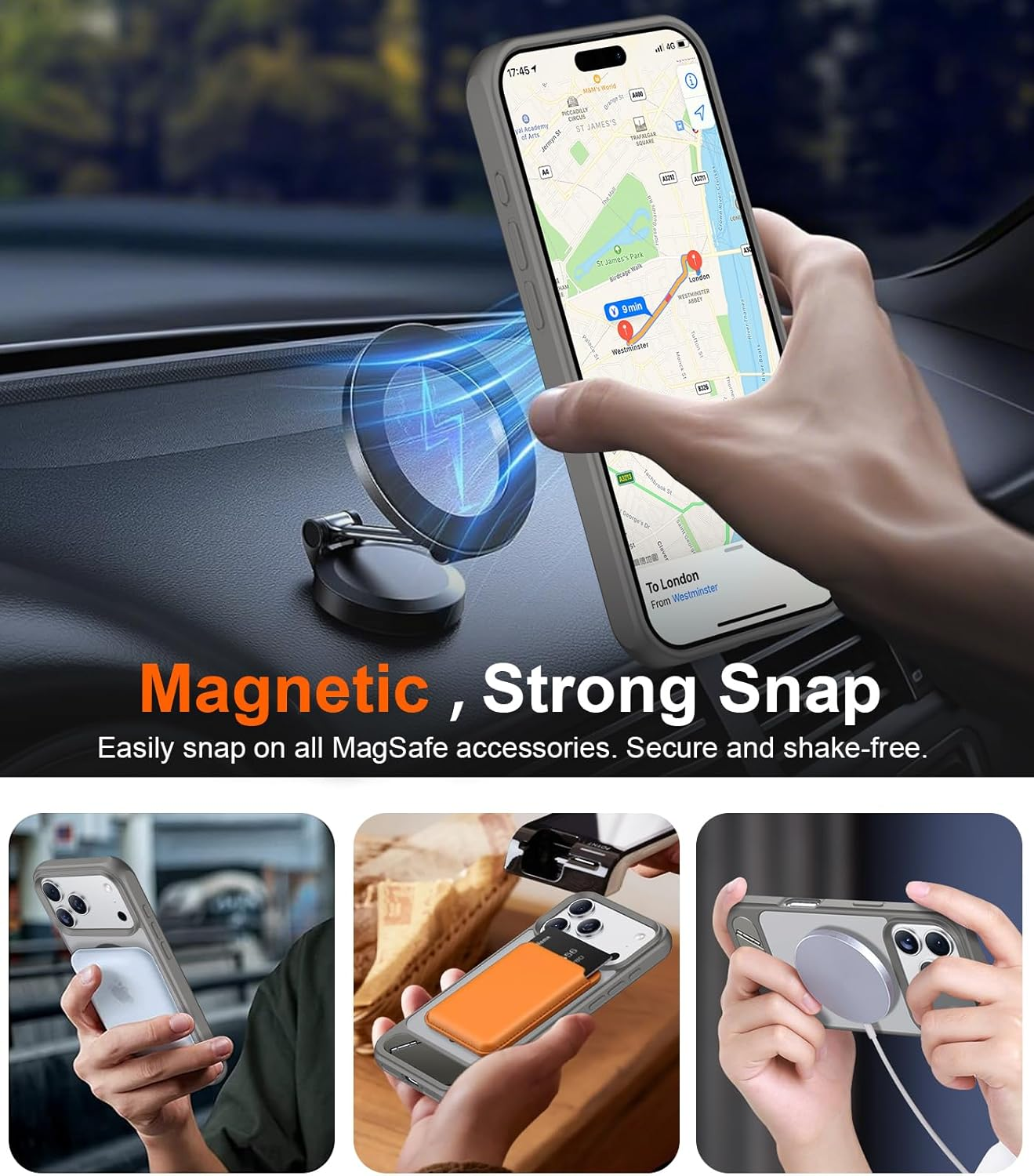 Telefon mit Navigations-App auf Autohalterung. Magnetische Handyhülle.