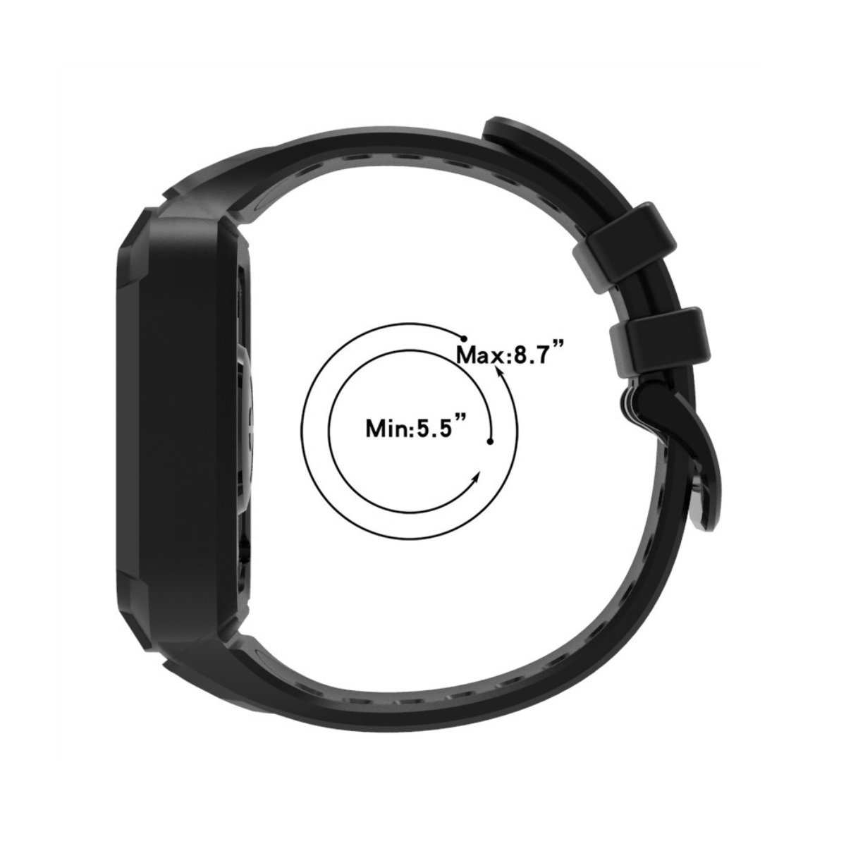 Schwarzes Uhrenarmband mit Größenangaben: Max. 8,7 Zoll, Min. 5,5 Zoll.
