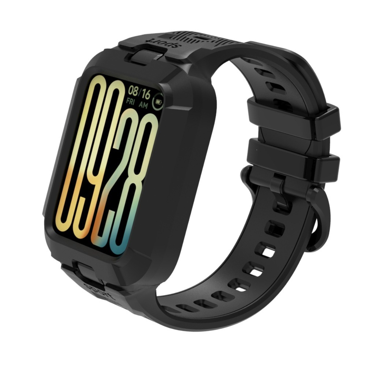 Schwarze Smartwatch mit buntem Zifferblatt und Datum 08/16.