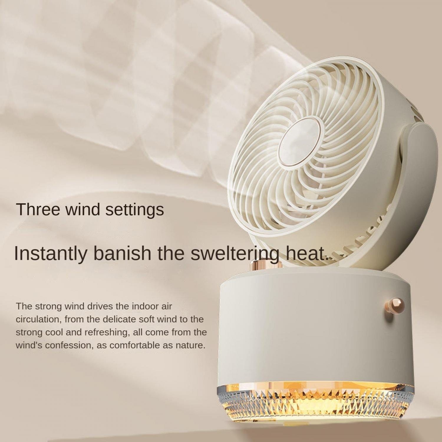 Ein beiger Ventilator mit drei Windstufen und beleuchtetem Sockel.