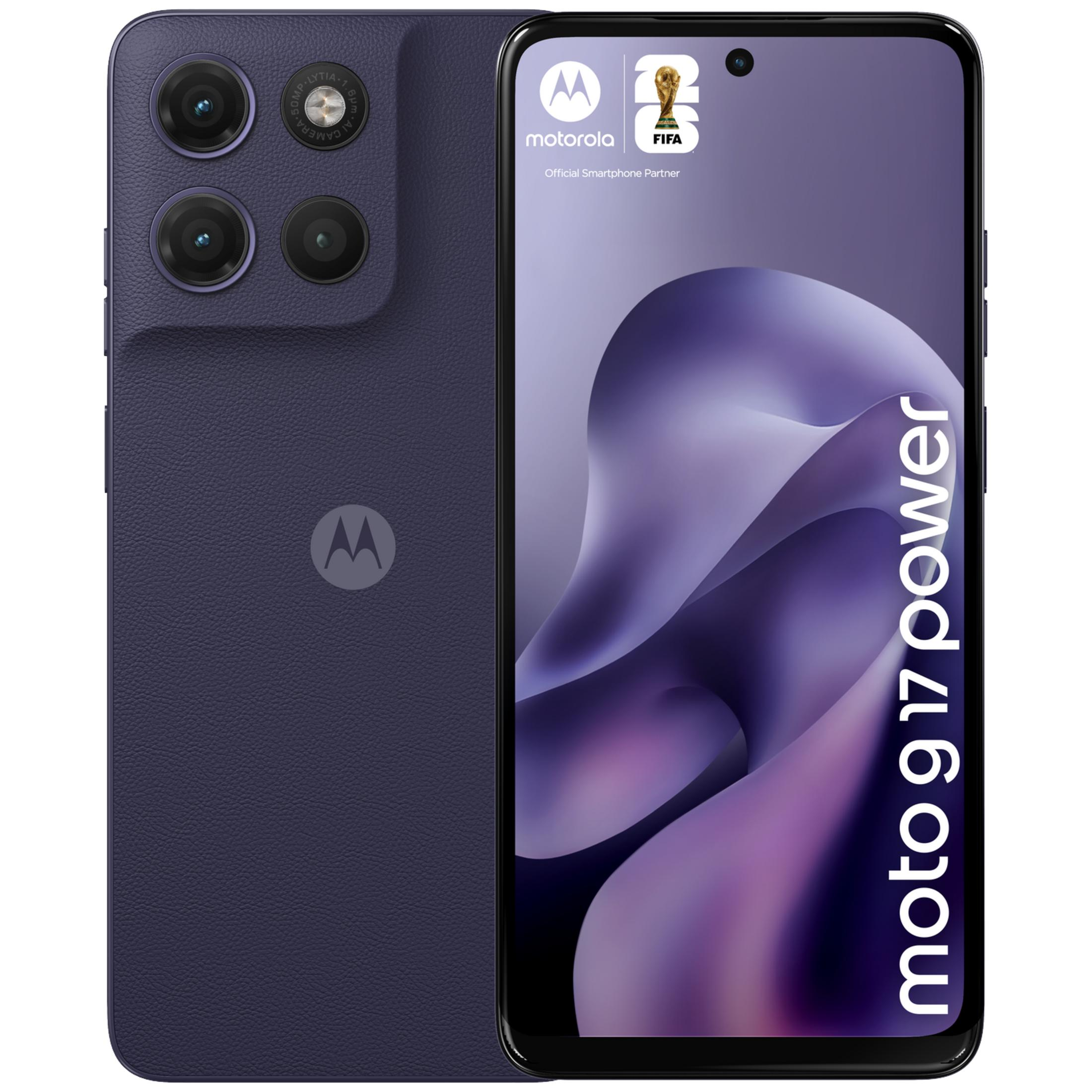 Dunkelblaues Motorola Smartphone mit drei Kameras und FIFA-Logo auf dem Bildschirm.