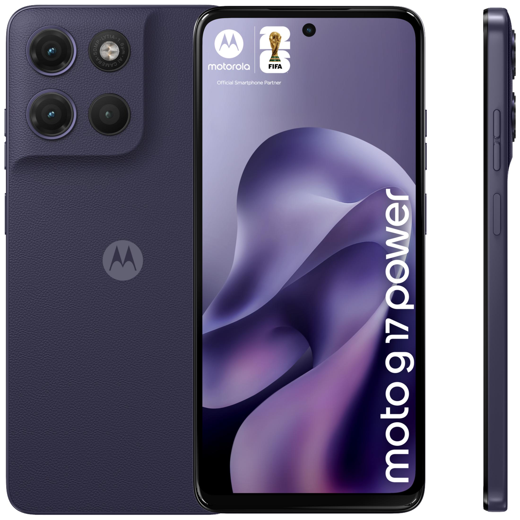 Drei Ansichten eines dunkelblauen Motorola-Smartphones mit drei Kameras auf der Rückseite.