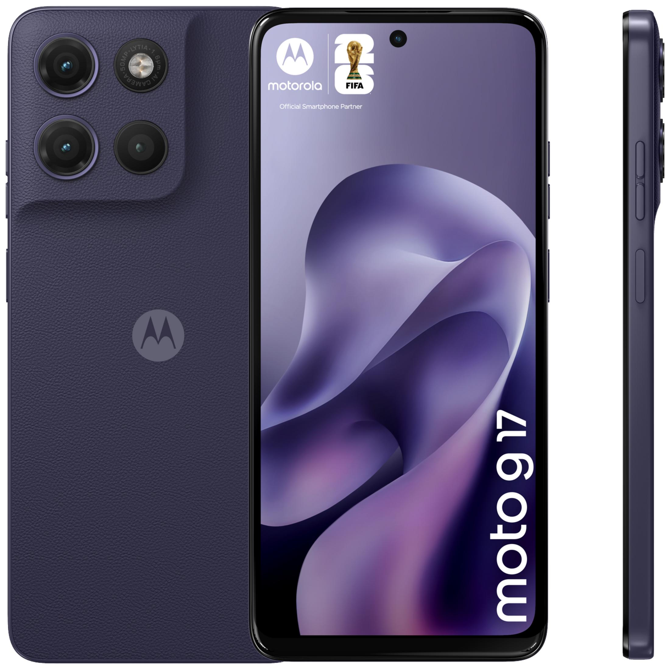 Telefono Motorola blu scuro con tripla fotocamera. Schermo mostra logo Motorola e FIFA.