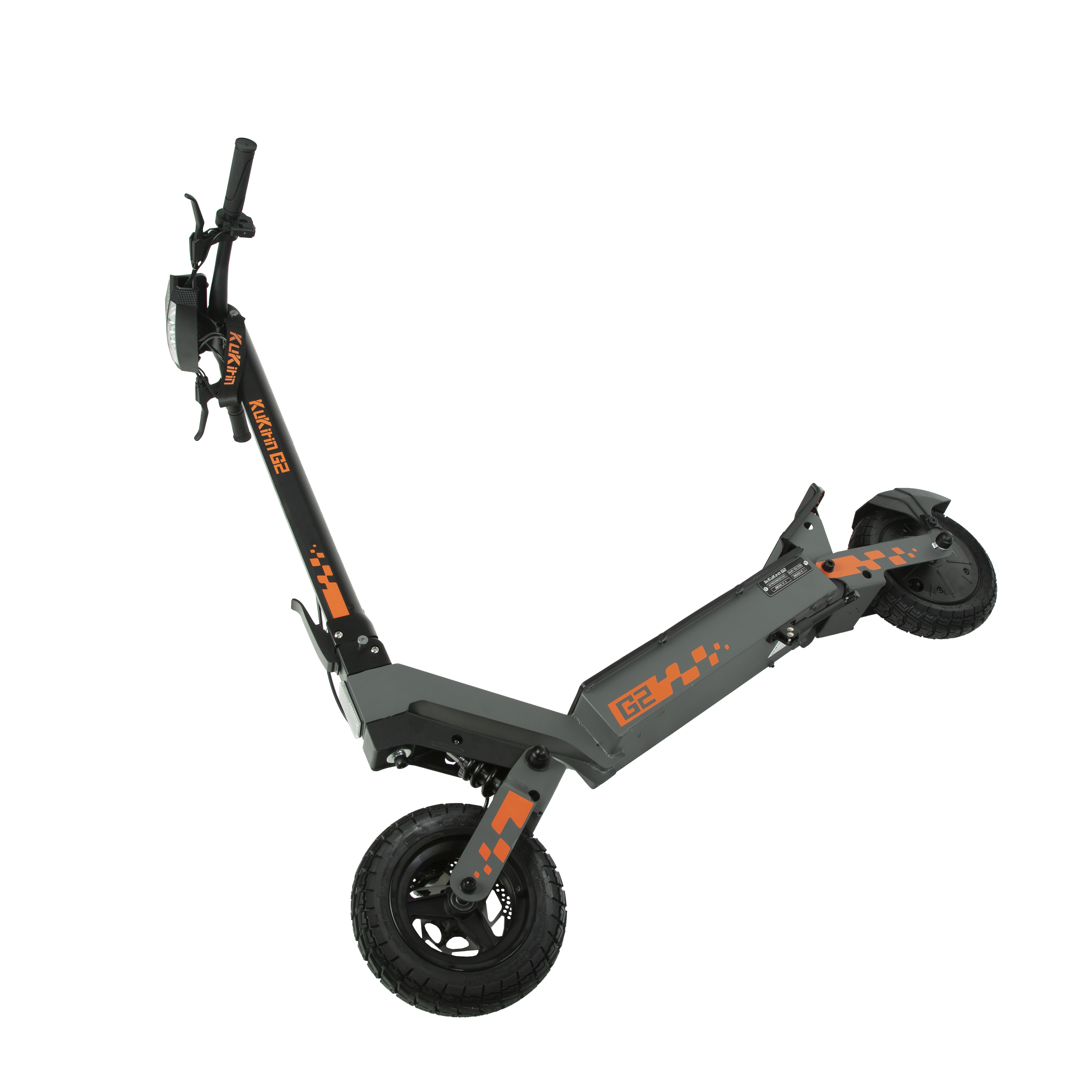 Un monopattino elettrico grigio con accenti arancioni e marchio "Kukirin G2".