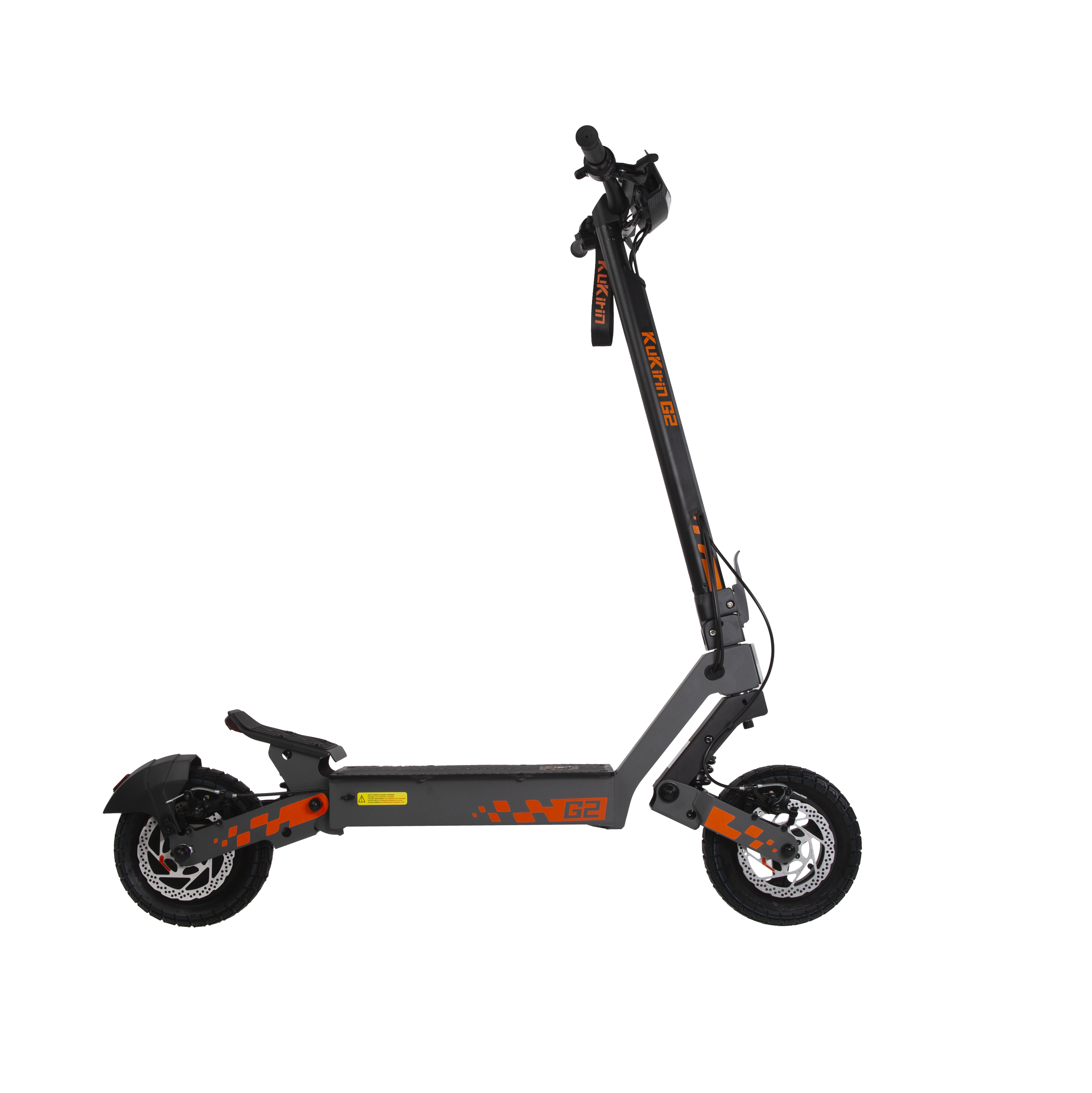 Monopattino elettrico grigio con accenti arancioni e freni a disco.