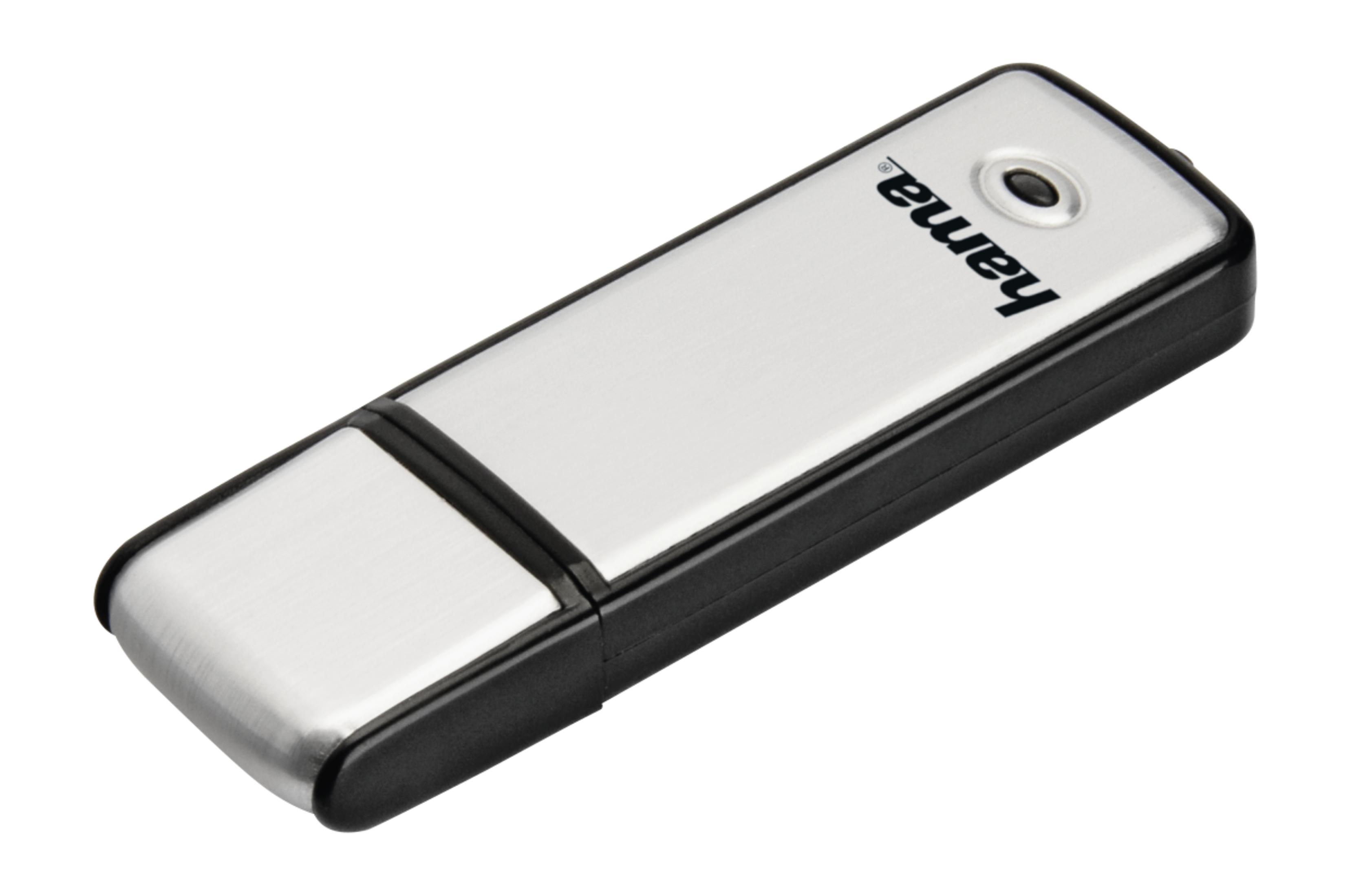 Ein silberner USB-Stick mit schwarzem Gehäuse und Logo.