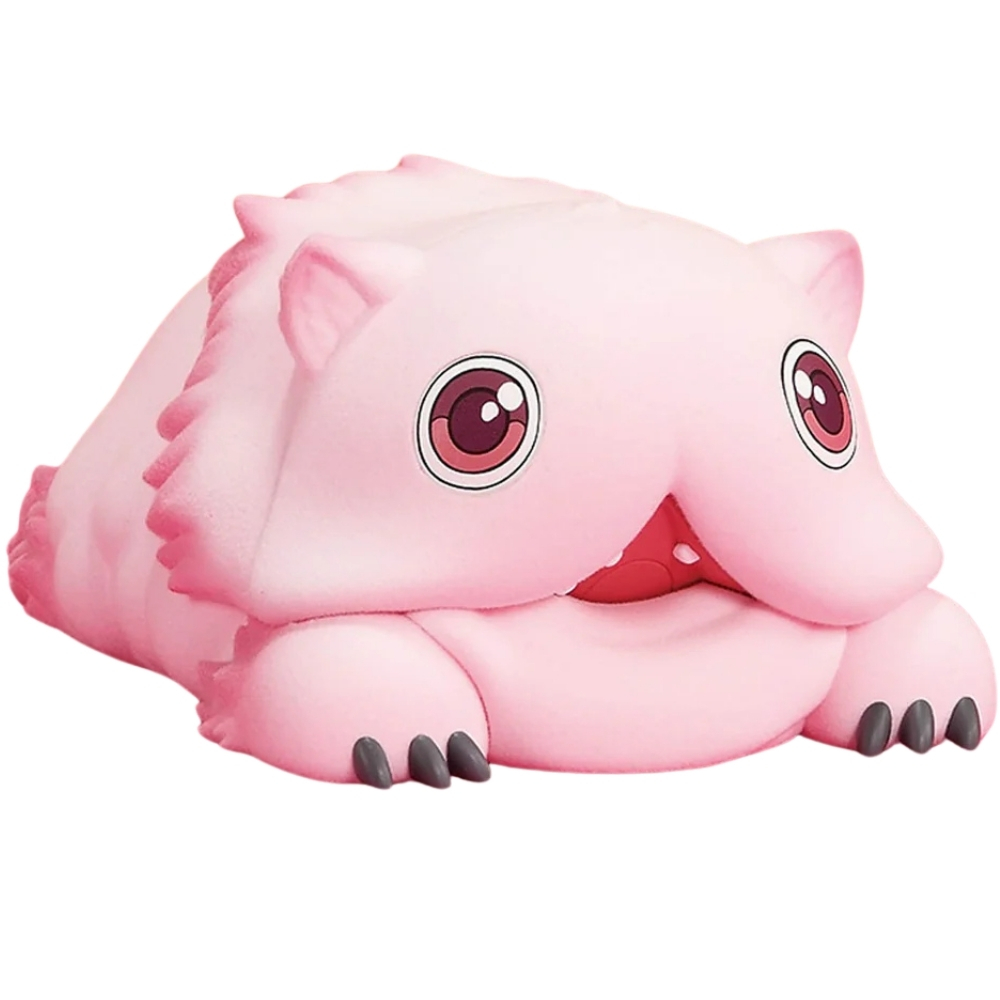 Un peluche rosa con occhi grandi e artigli giace a pancia in giù.