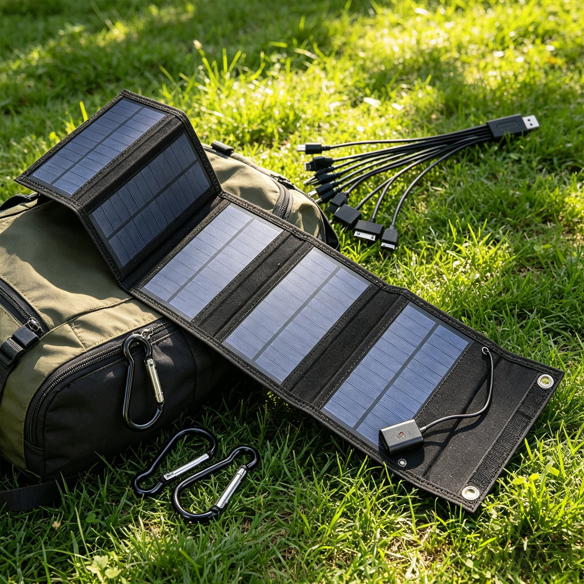 Ein zusammenklappbares Solarpanel mit Kabeln und Karabinerhaken liegt auf Gras neben einem Rucksack.