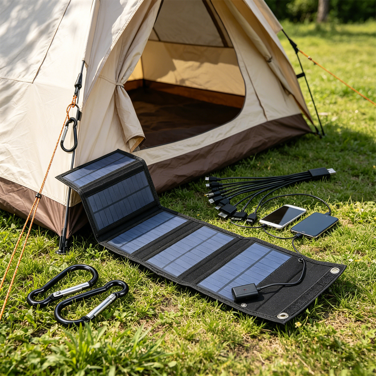 Ein tragbares Solar-Ladegerät und Kabel liegen auf Gras neben einem beigen Zelt.