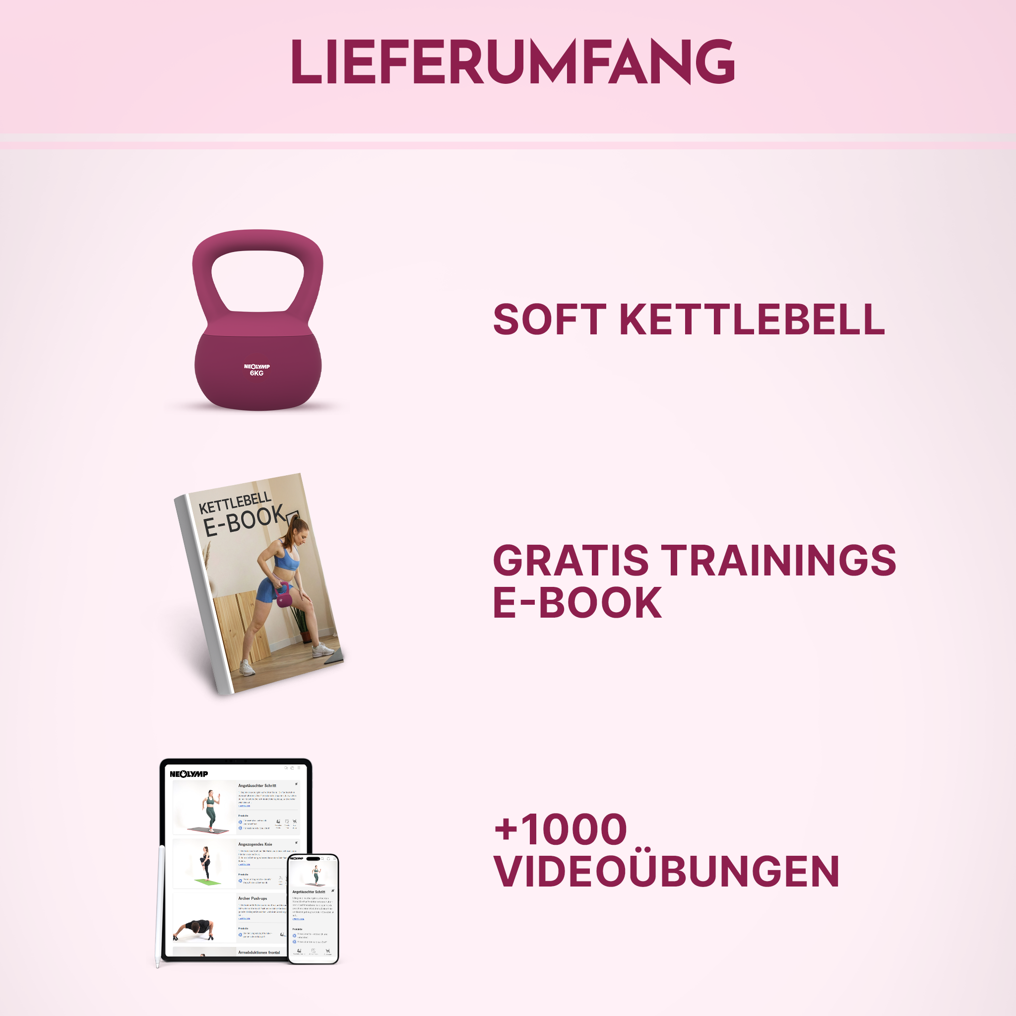 Ein lila Kettlebell, E-Book und Tablet mit Trainingsvideos.