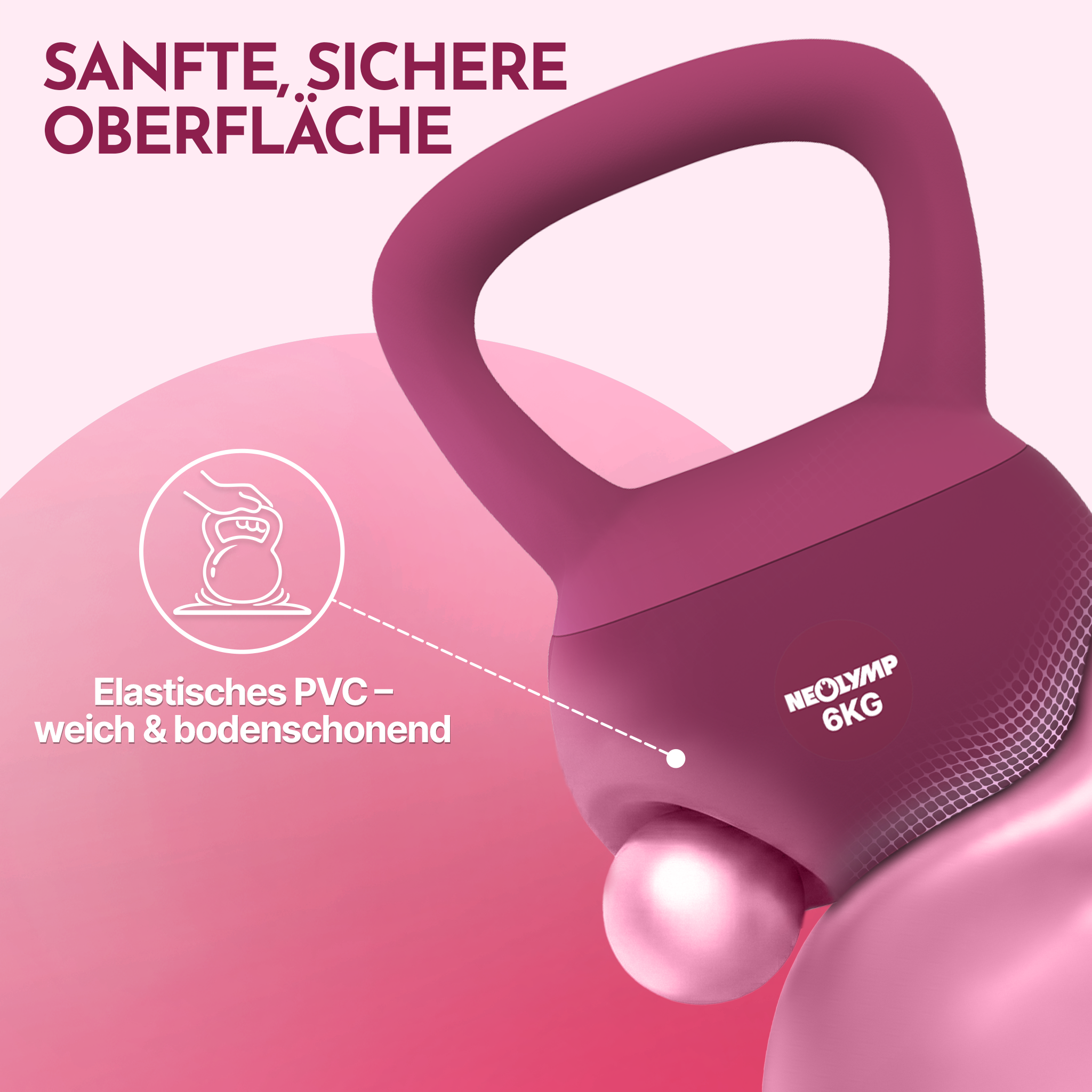 Eine rosafarbene Kettlebell mit 6 kg Gewicht, sanfte, sichere Oberfläche.