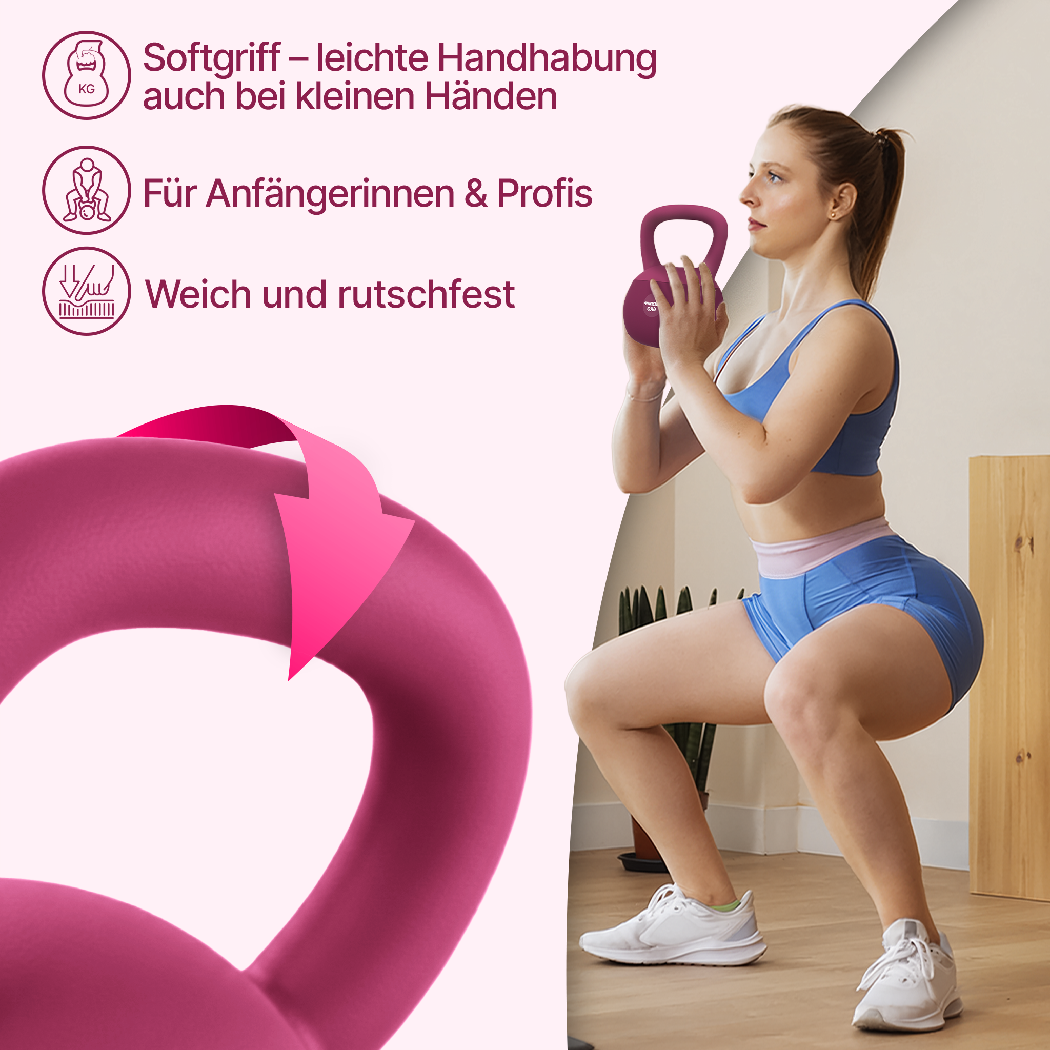 Frau macht Kniebeugen mit pinker Kettlebell, Text über Griff und Nutzer.