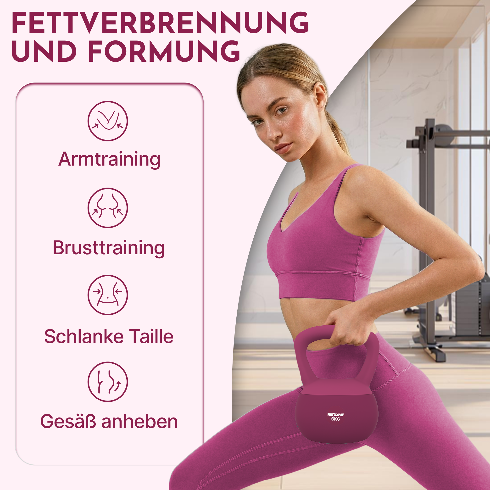 Frau mit einem lila Sport-BH und Leggings hält eine lila Kettlebell.