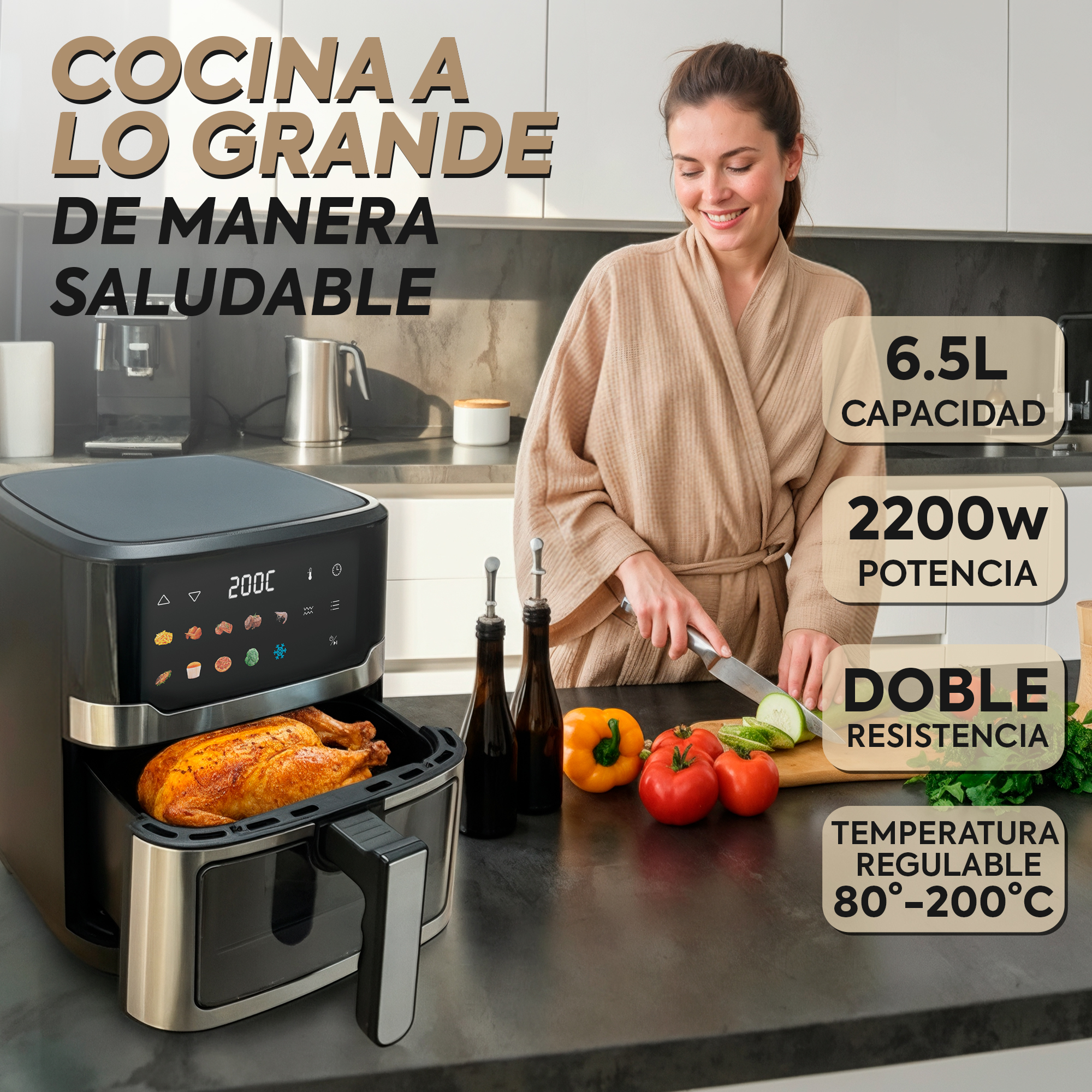 Un pollo asado en freidora de aire, mujer cortando verduras, electrodomésticos de cocina.