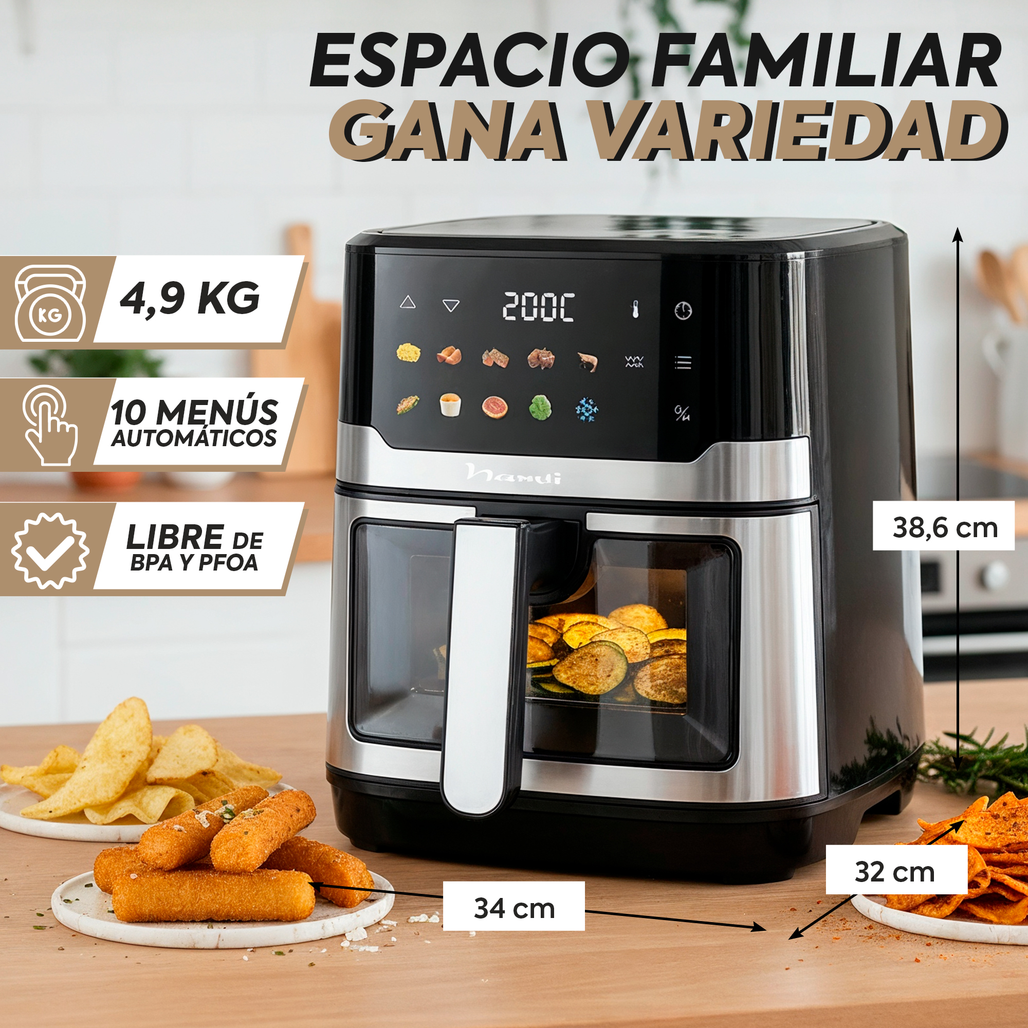 Freidora de aire negra con controles digitales y alimentos.