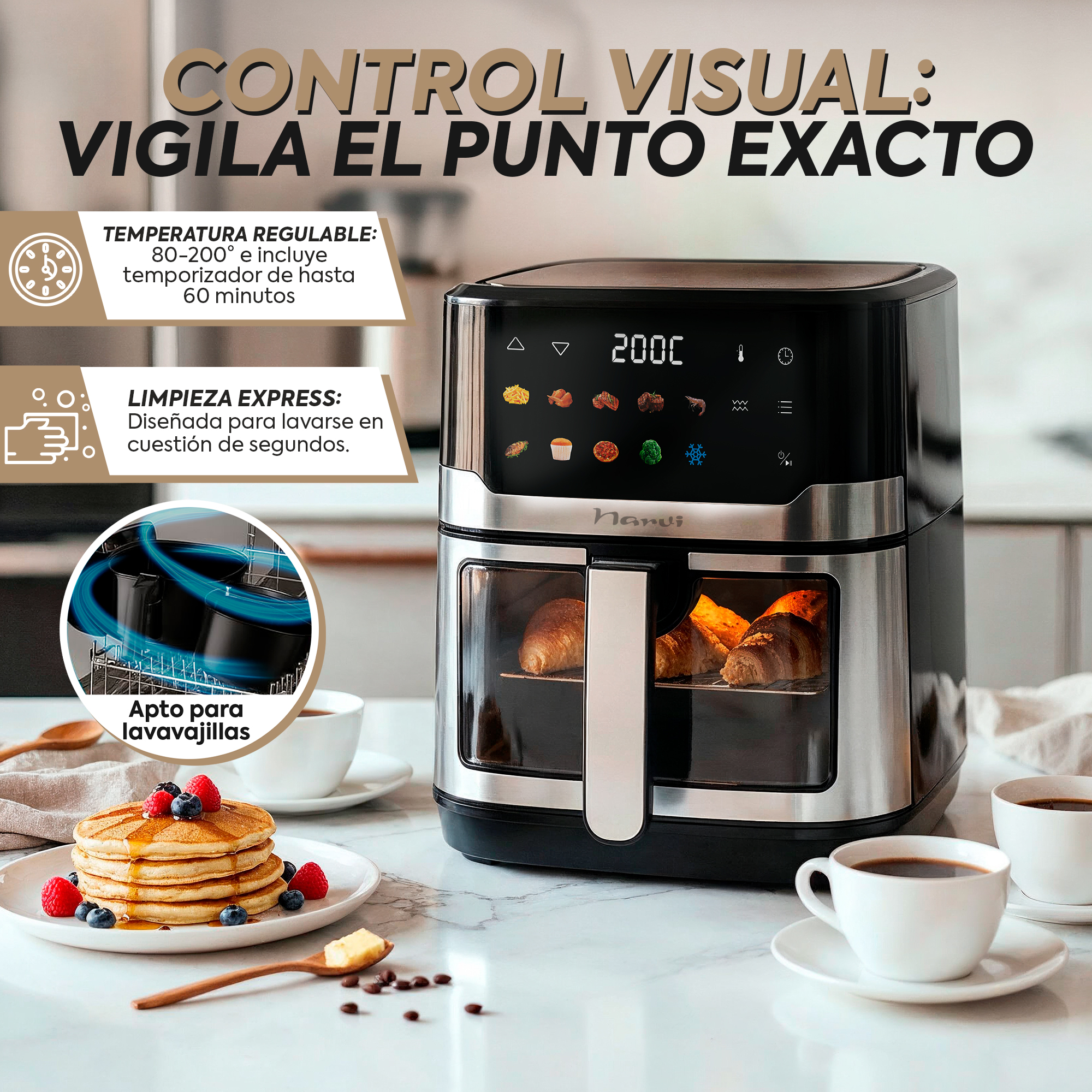 Una freidora de aire negra con pantallas digitales y croissants horneados dentro.