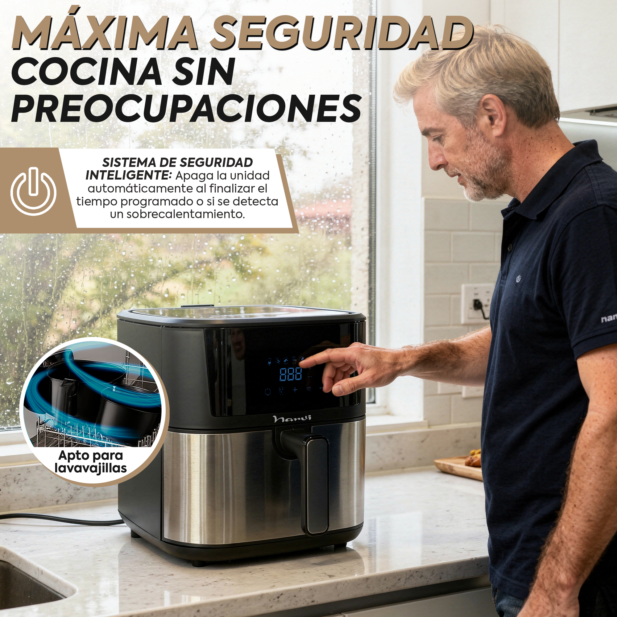Hombre operando una freidora de aire negra con pantalla digital en cocina.