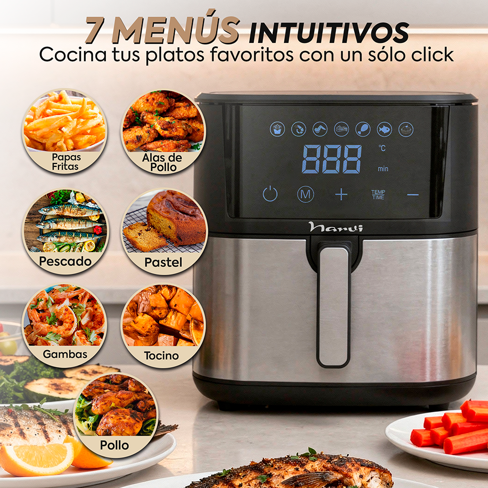 Una freidora de aire con 7 menús intuitivos y ejemplos de comida.