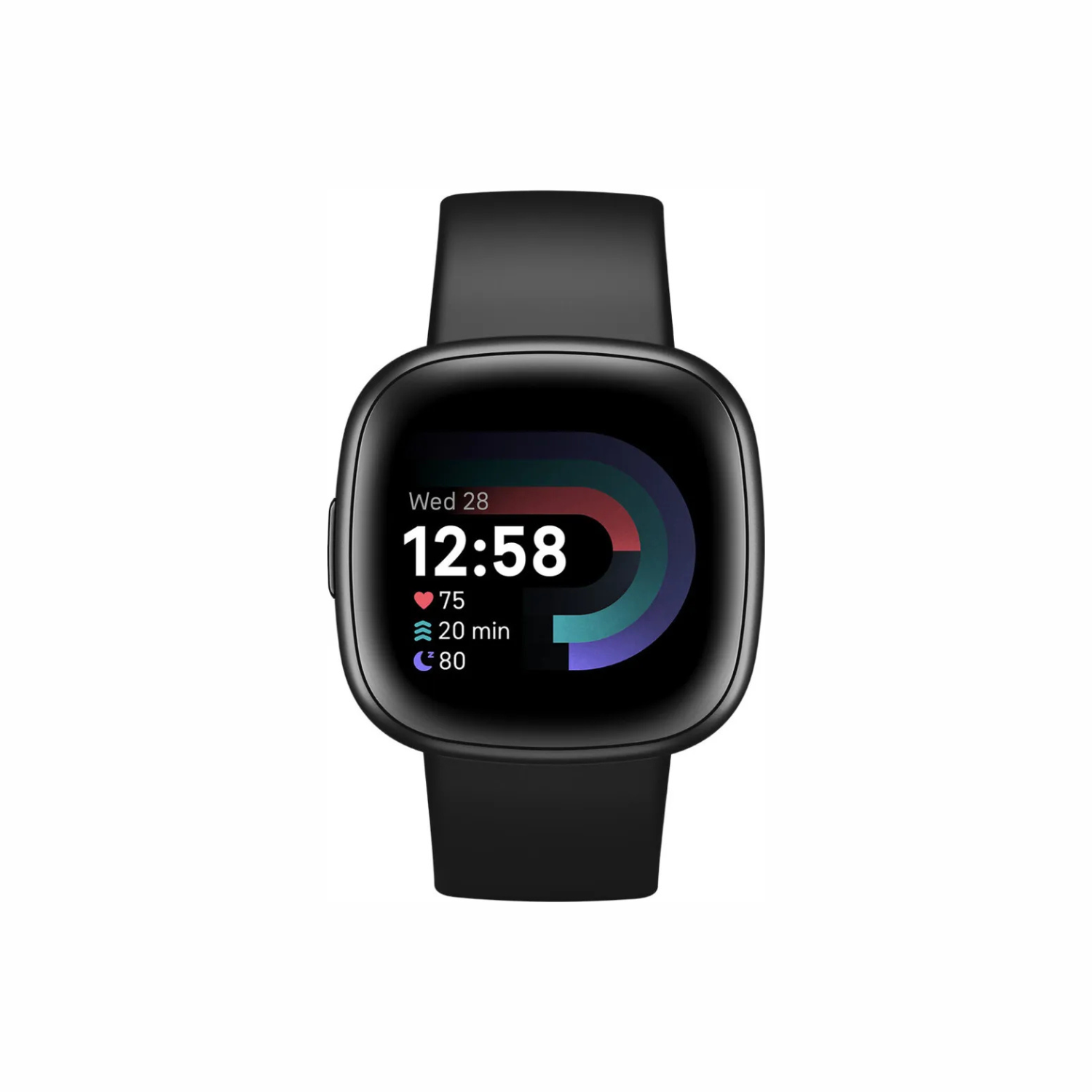 Schwarze Smartwatch zeigt 12:58 Uhr, Herzfrequenz 75, 20 Min, 80 Schritte.
