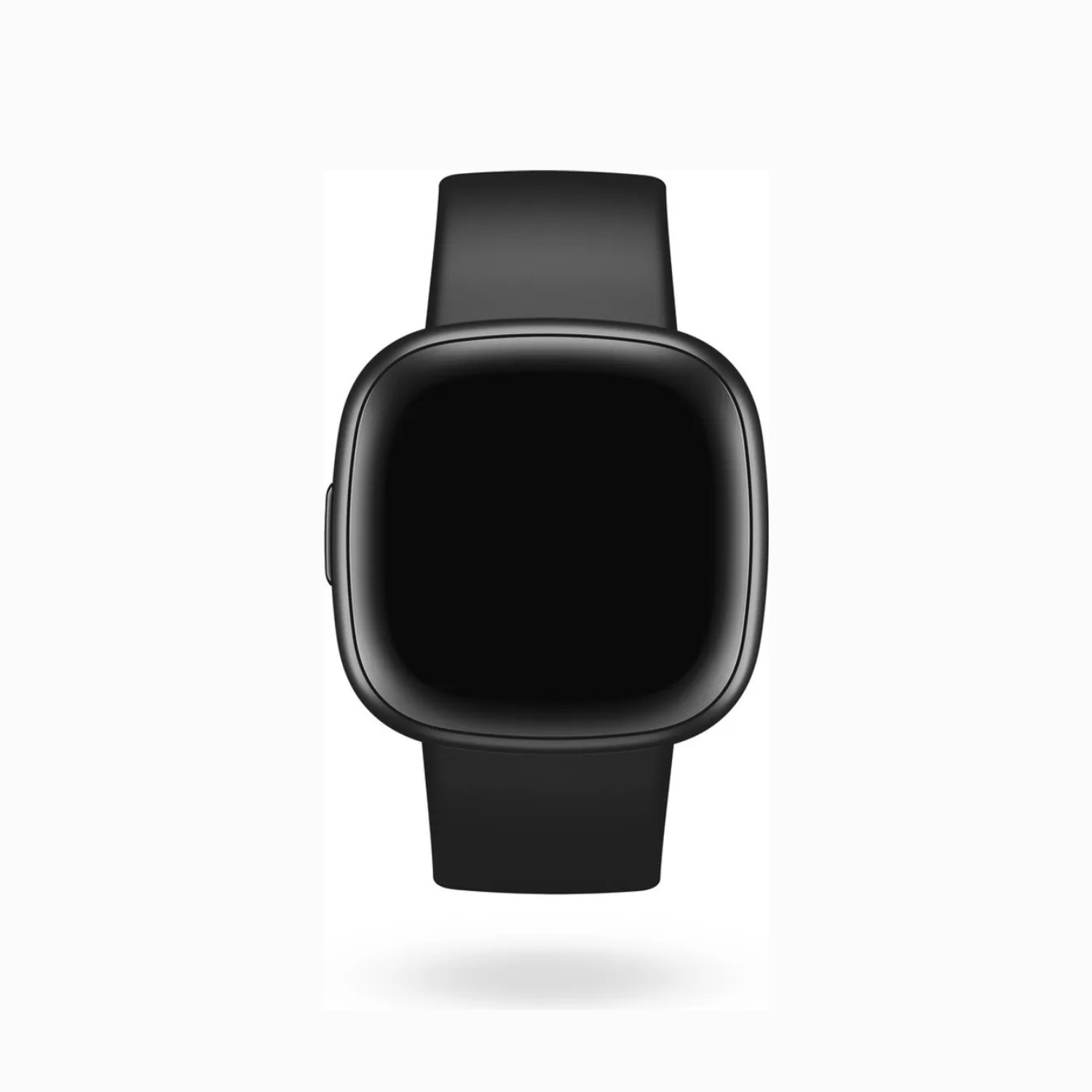 Ein schwarzes Smartwatch-Display mit schwarzem Armband auf weißem Hintergrund.