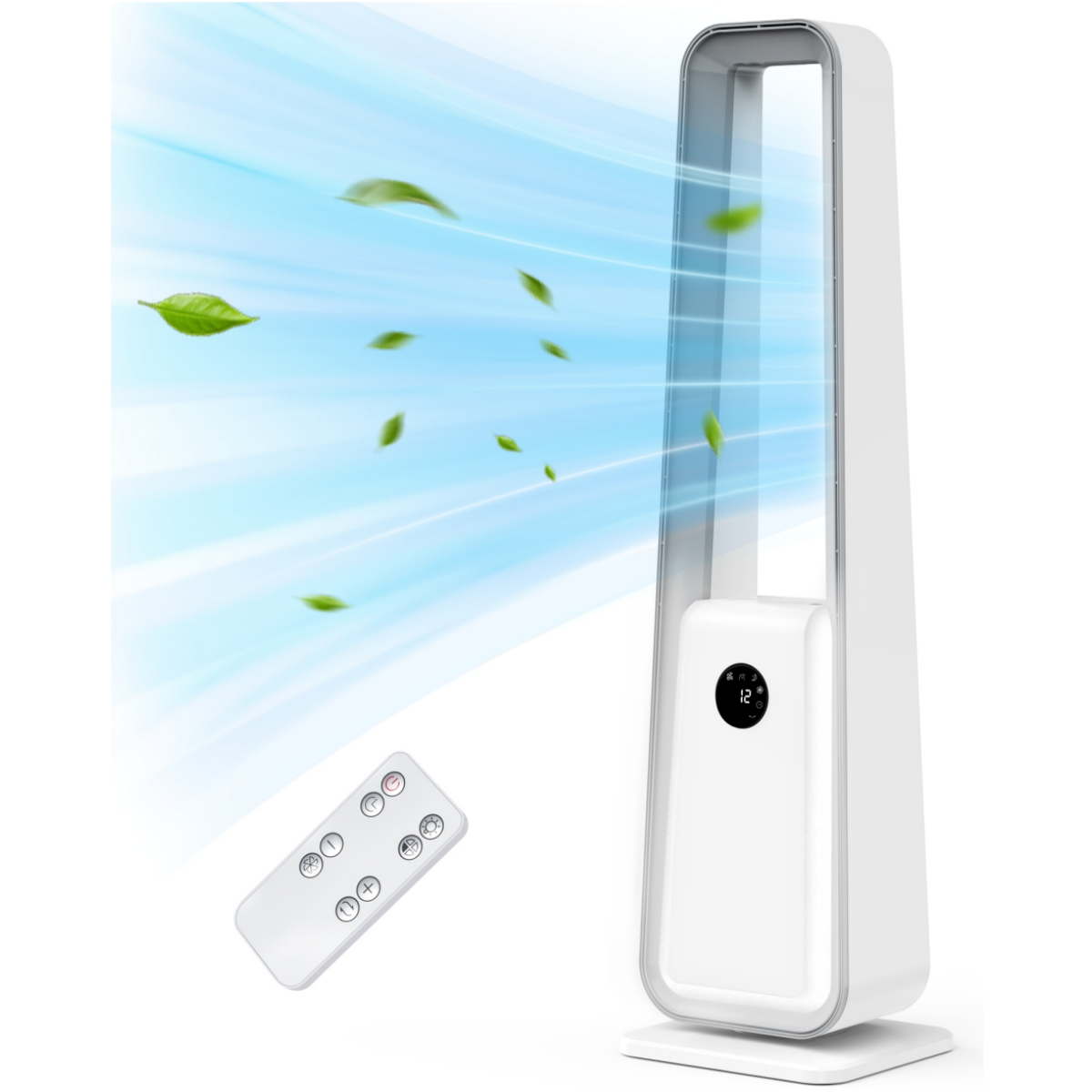Ein weißer Turmventilator mit Fernbedienung und Blättern, die im Luftstrom fliegen.