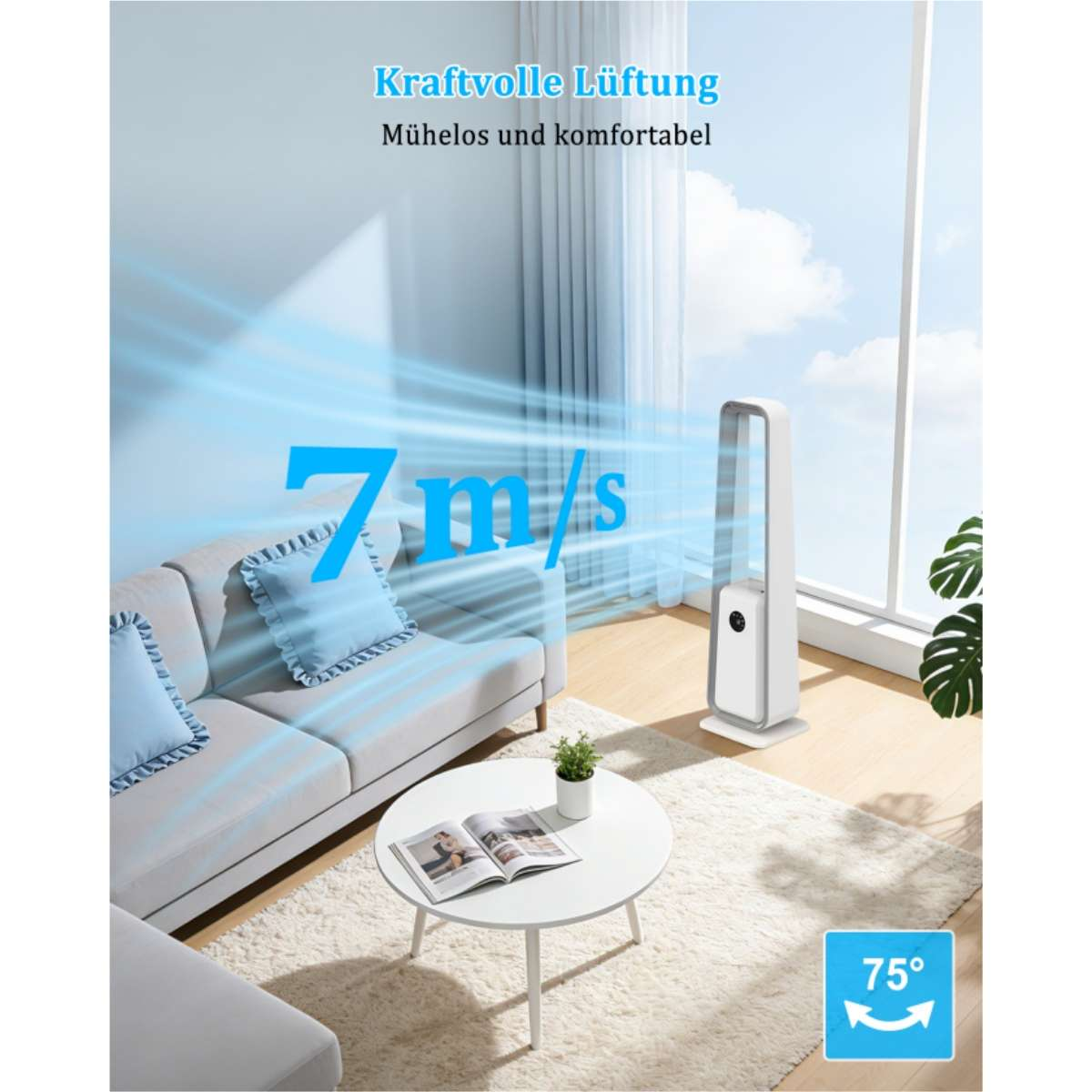 Ein weißer Turmventilator steht neben einem Sofa, 7m/s Luftstrom wird angezeigt.