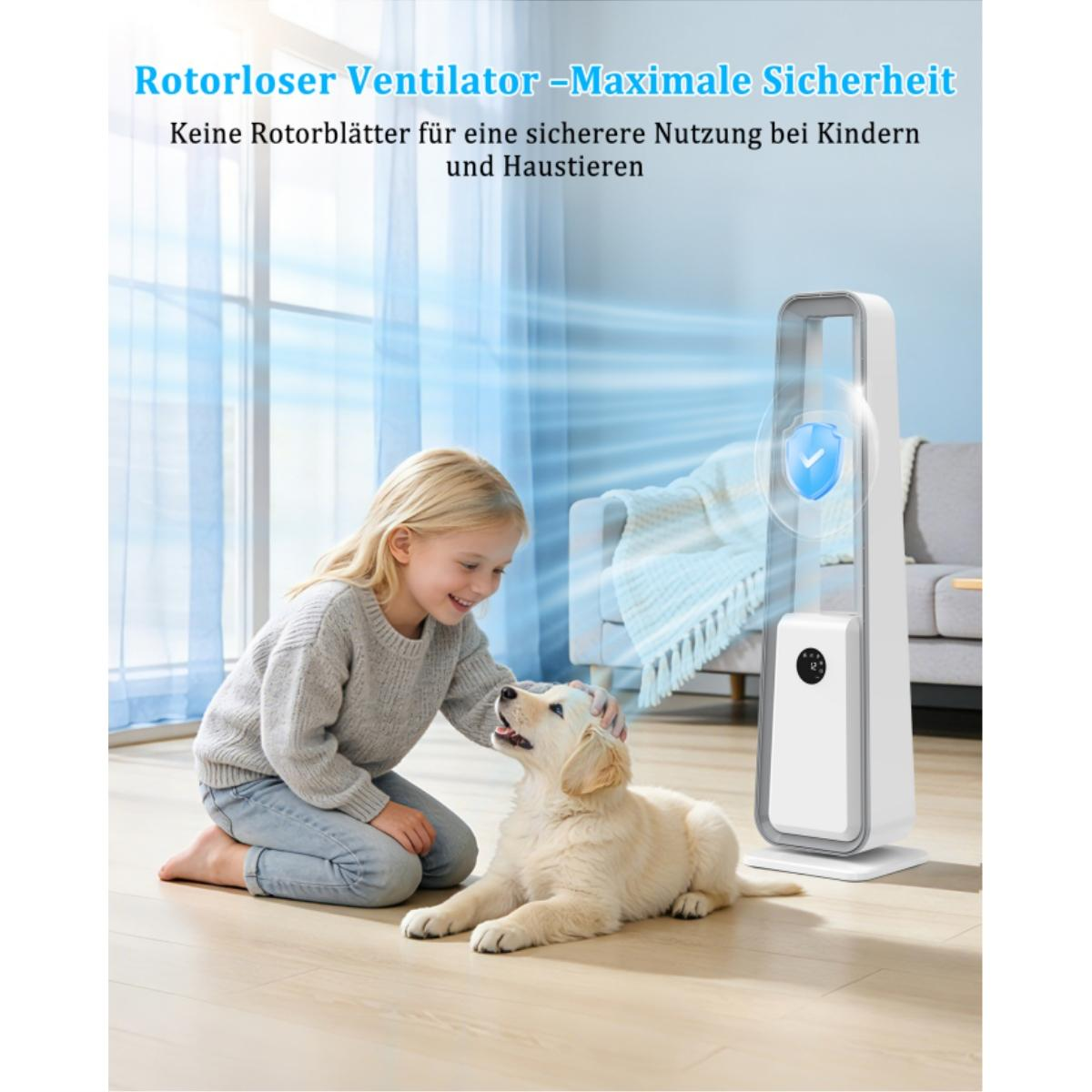 Ein Mädchen streichelt einen Hund neben einem weißen Ventilator.