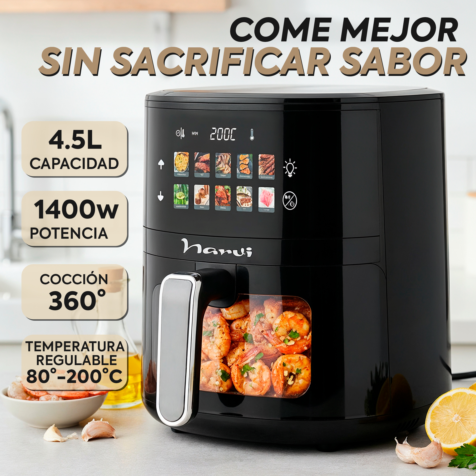 Freidora de aire negra con funciones de cocción, 4.5L de capacidad, 1400W, cocción 360°.