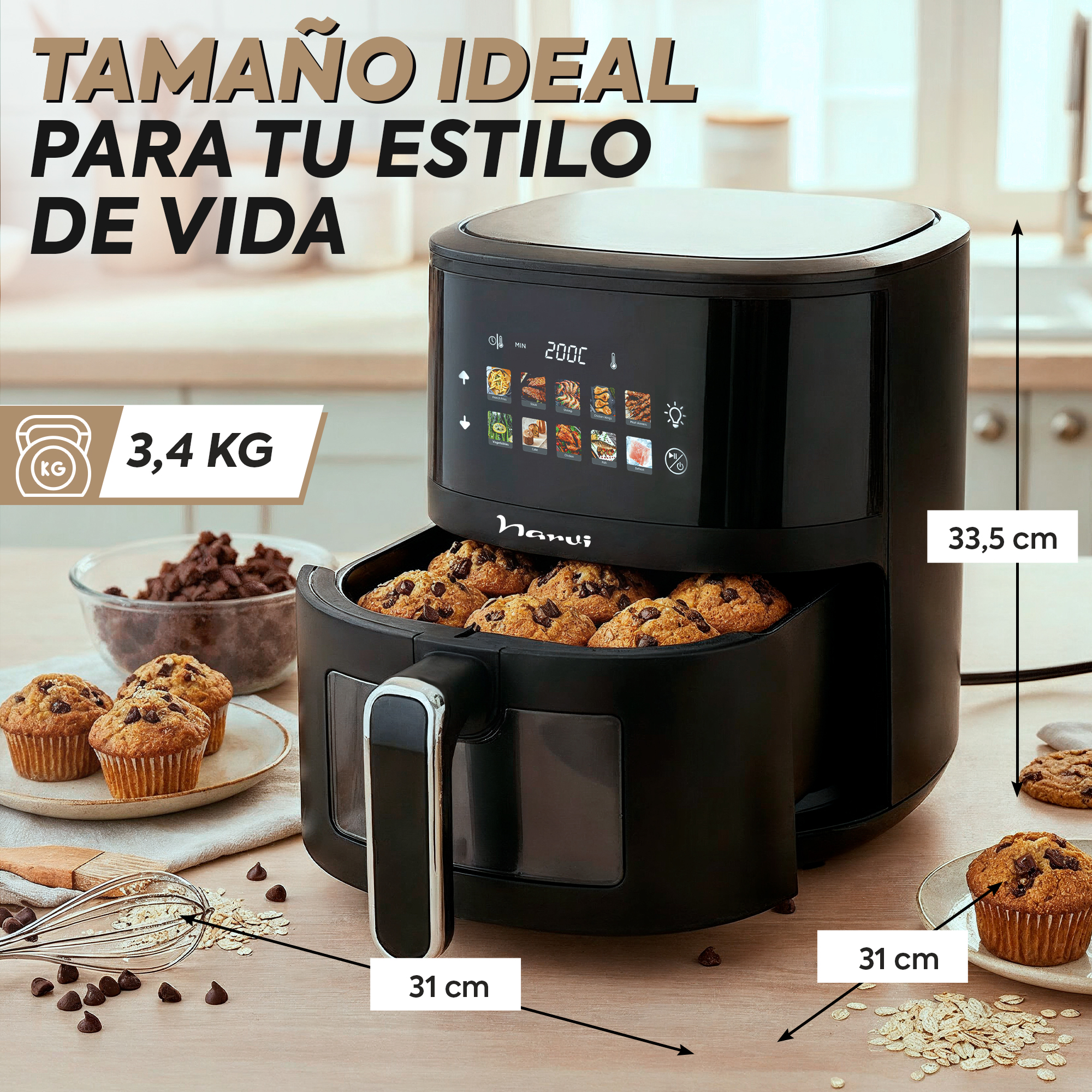 Freidora de aire negra con muffins y avena al lado. 3,4kg, 31x31x33.5cm.