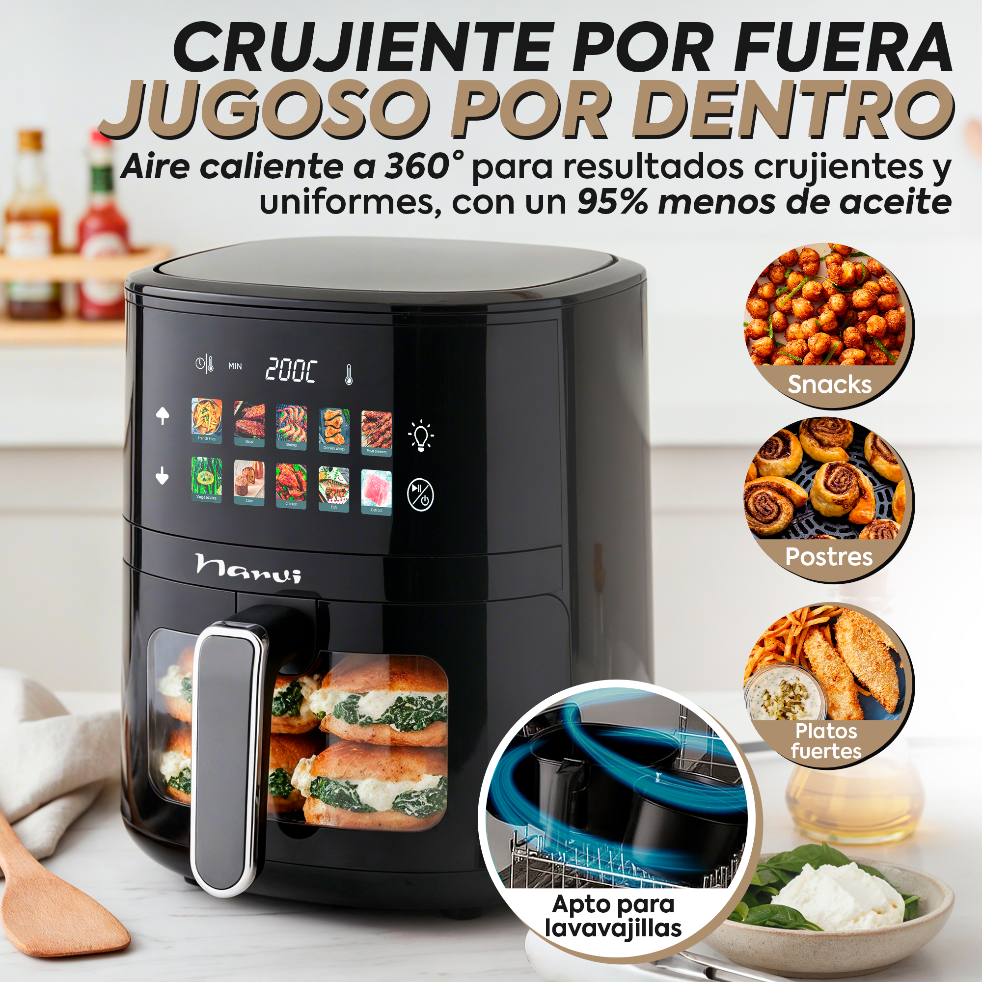 Freidora de aire negra con pantalla táctil que muestra comidas y funciones.