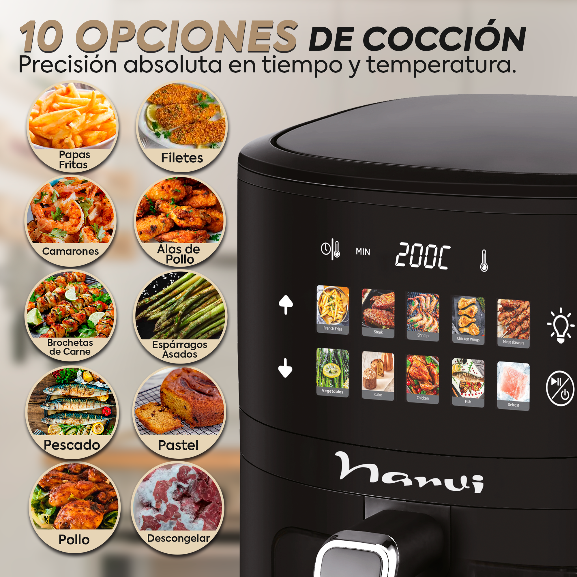 La pantalla de freidora de aire negra muestra opciones de cocción como papas fritas, bistec y pollo.