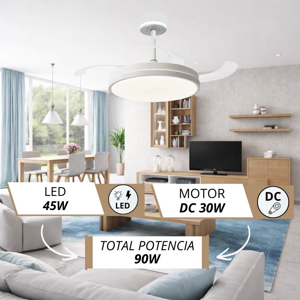 Un ventilador de techo blanco con luz LED sobre una sala de estar con sofá y TV.