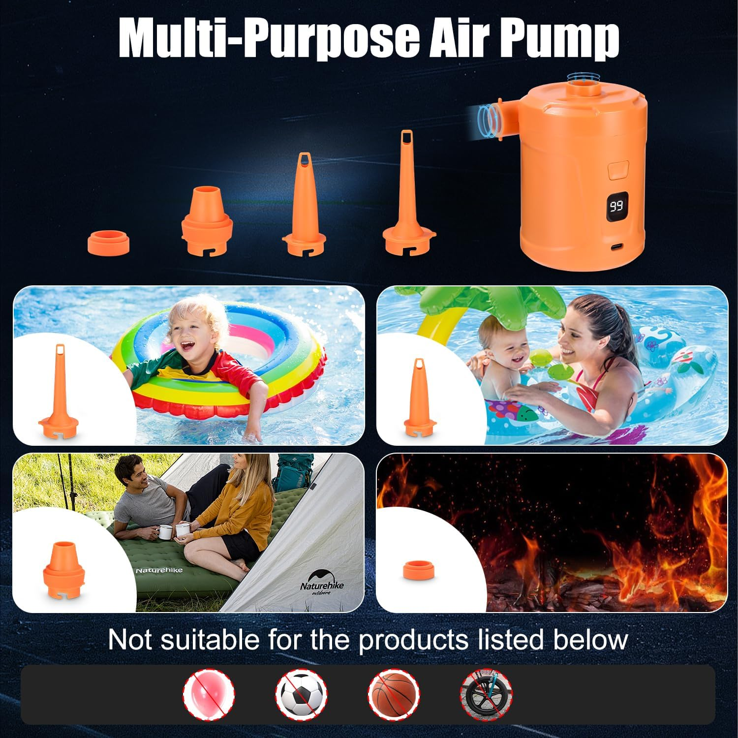 Orange Mehrzweckluftpumpe mit Zubehör, Kinder im Pool, Campingpaar und Feuer.