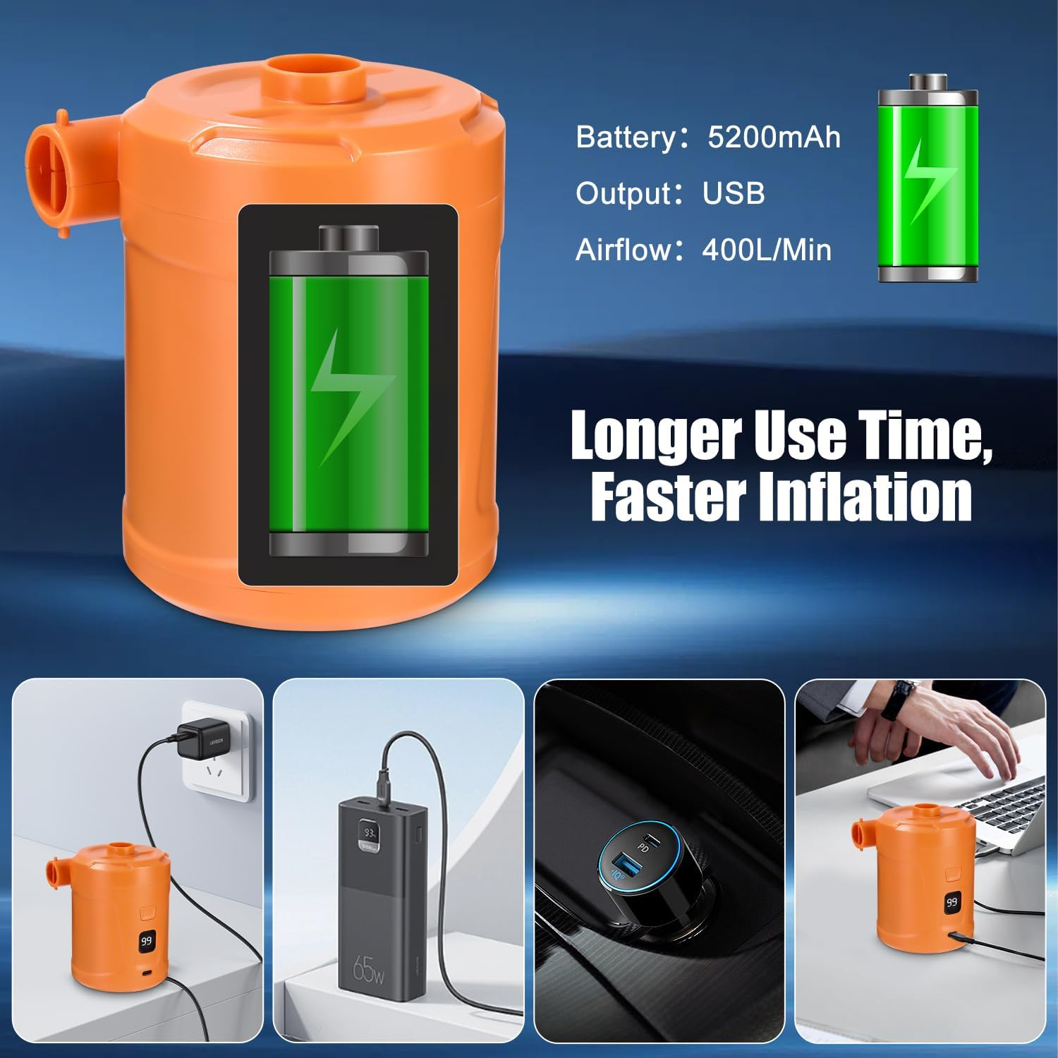 Orange Pumpe mit Batterieanzeige, Ladegerät, Powerbank und Laptop.