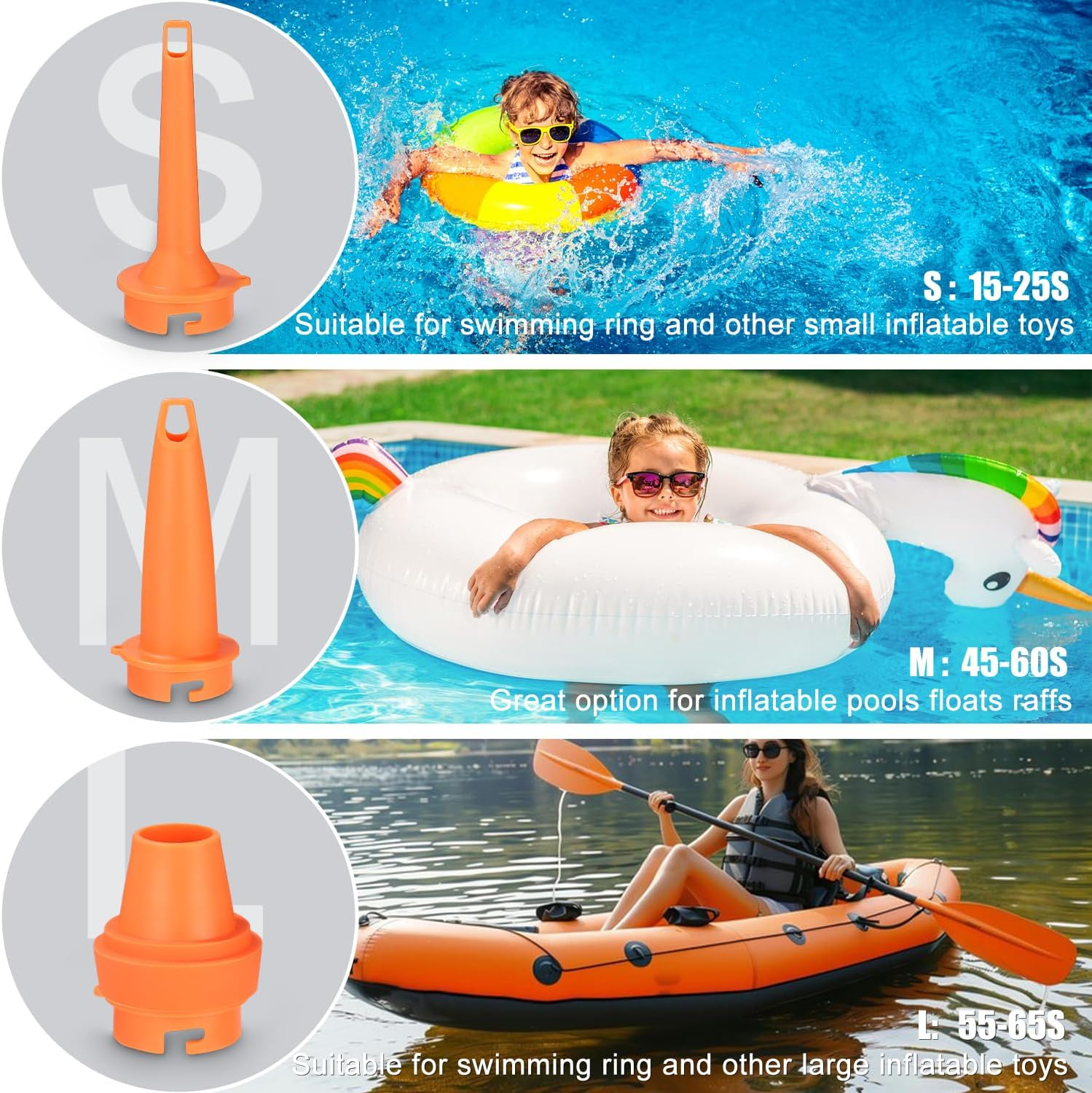 Drei Luftpumpenadapter für aufblasbare Spielzeuge, Schwimmringe und Kajaks.
