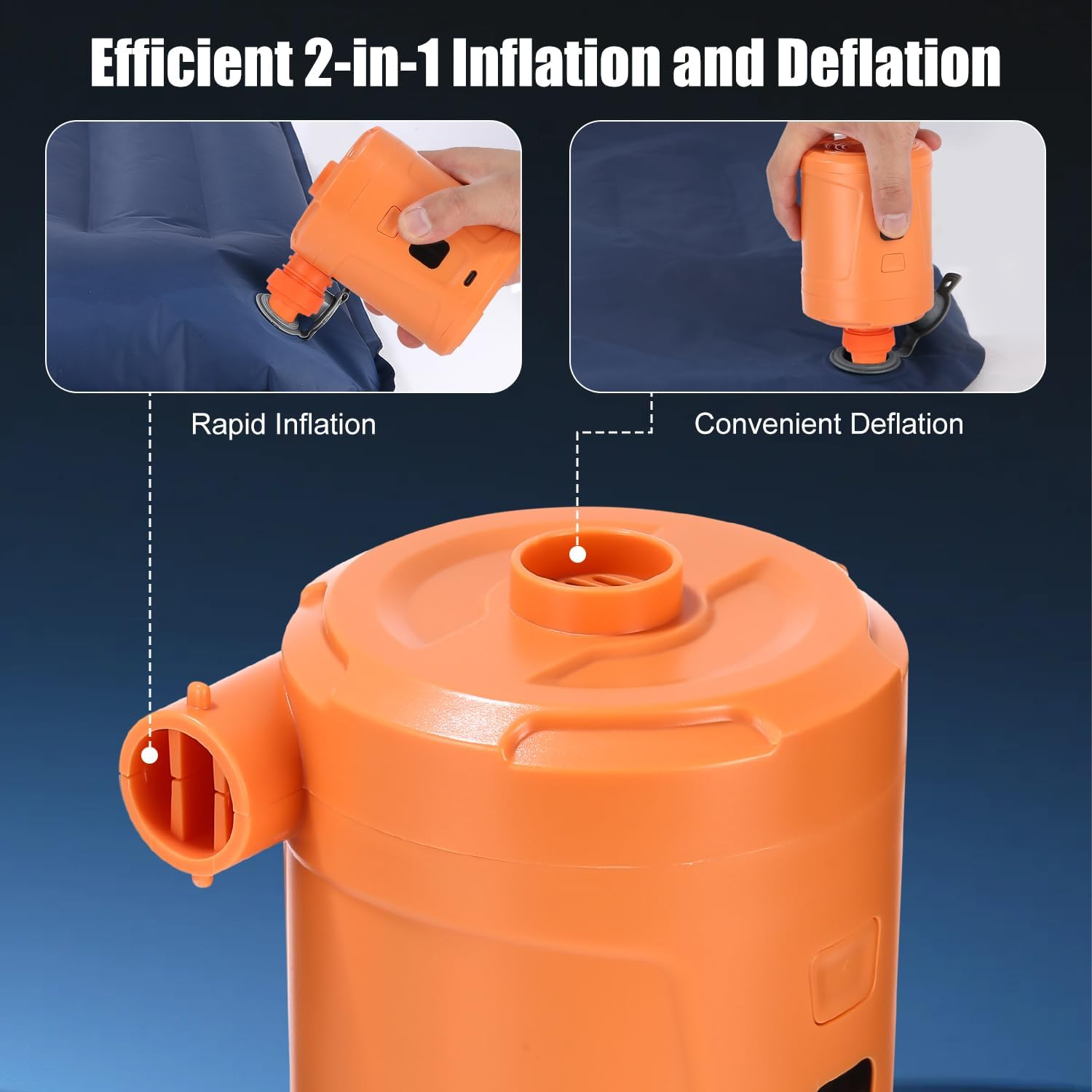 Orange Pumpe für schnelle Inflation und bequeme Deflation eines blauen Luftbetts.