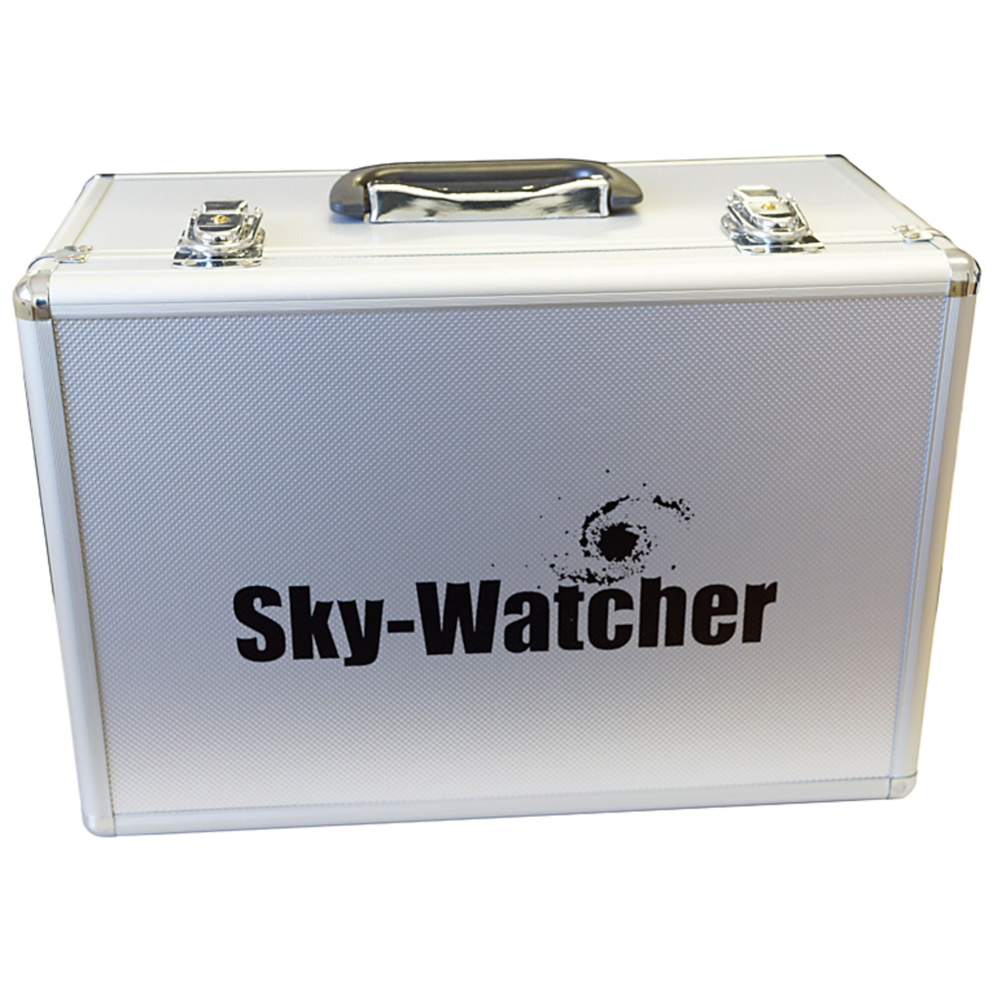 Eine silberne Sky-Watcher-Box mit Griff und Schlössern.