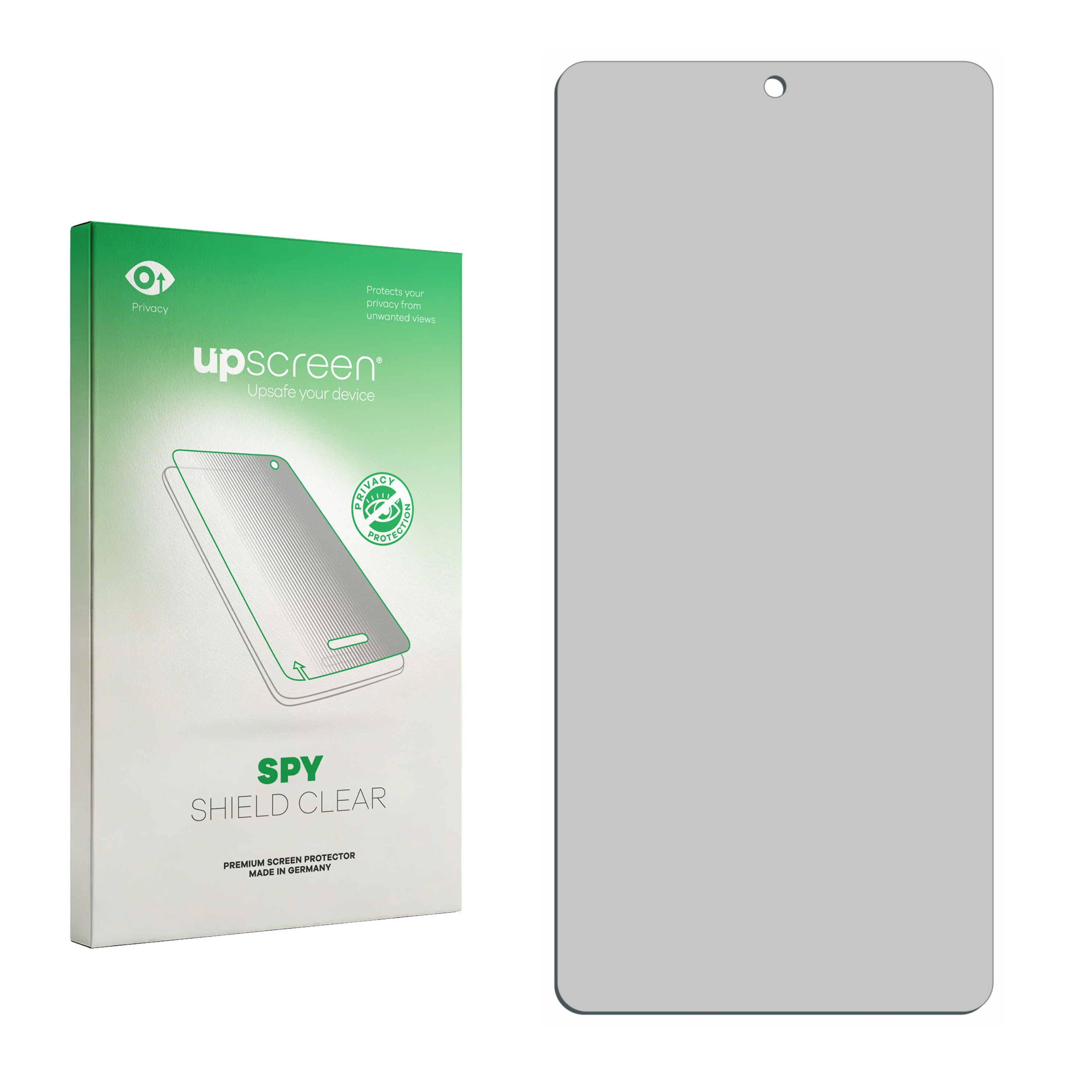 Verpackung für einen Displayschutz mit einem abgebildeten Schutz und dem Namen 'upscreen'.