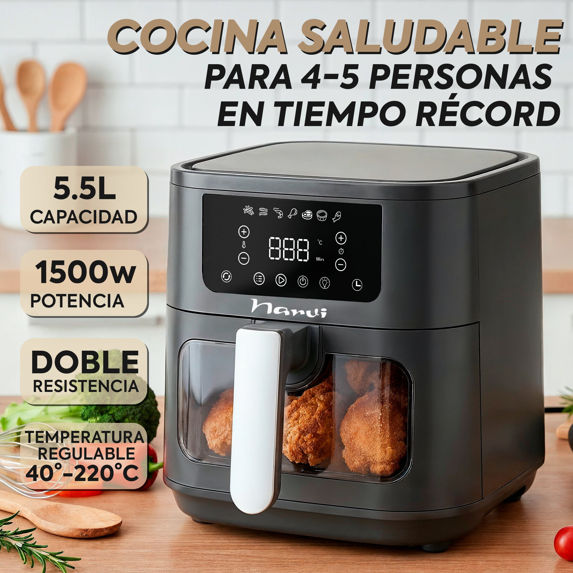 Freidora de aire negra de 5.5L, 1500W, doble resistencia, regulable 40-220°C.