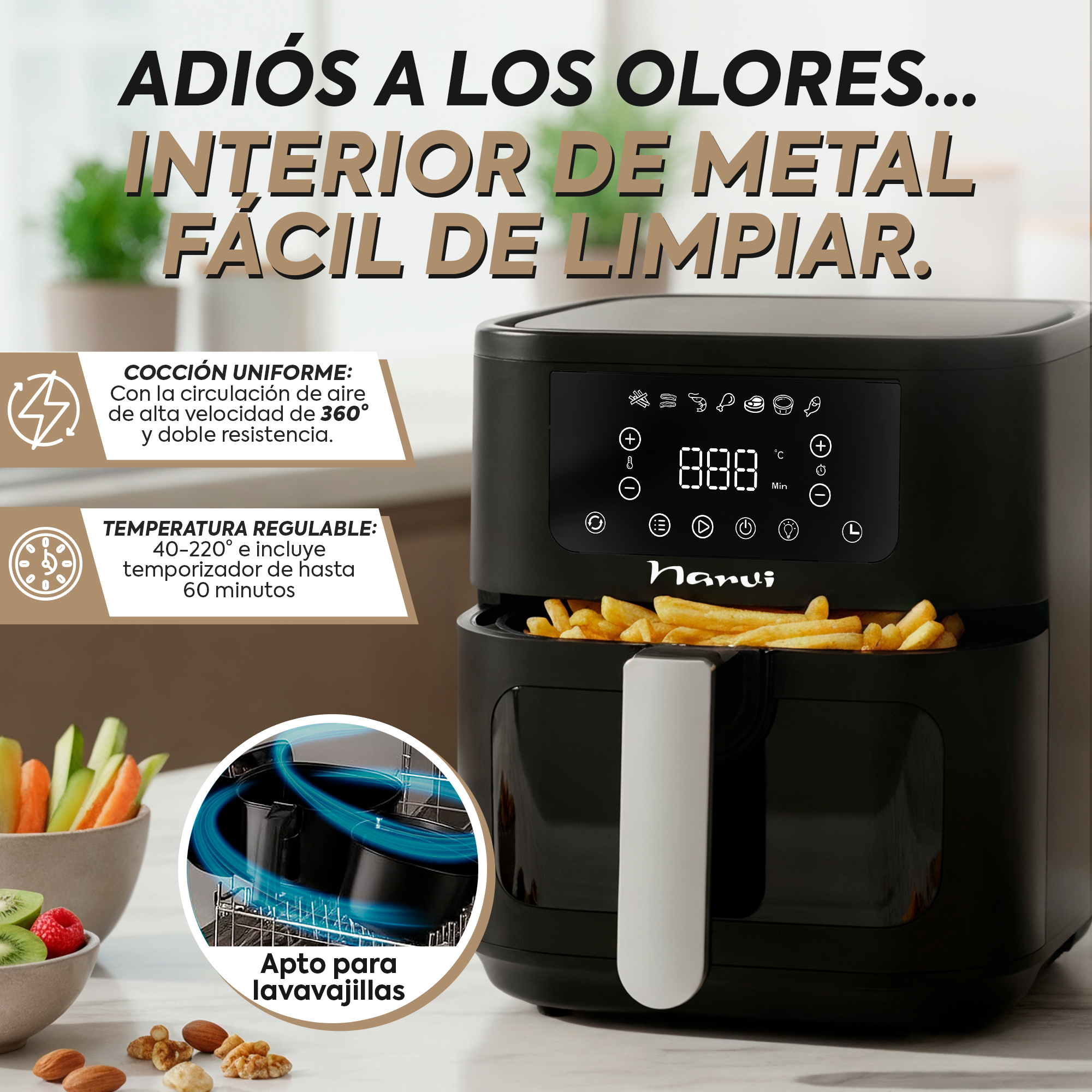 Freidora de aire negra con papas fritas y verduras. Pantalla digital y texto.
