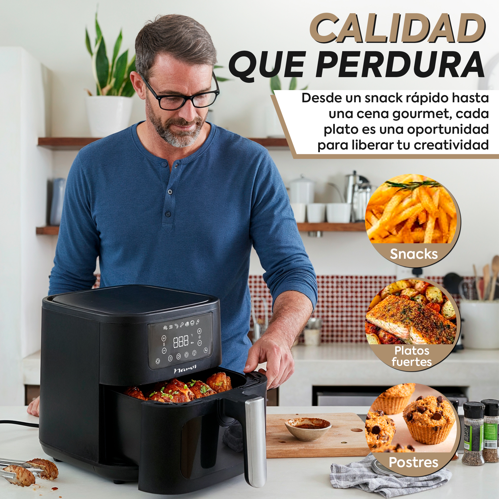 Hombre con freidora de aire preparando comida. Se muestran snacks, platos y postres.