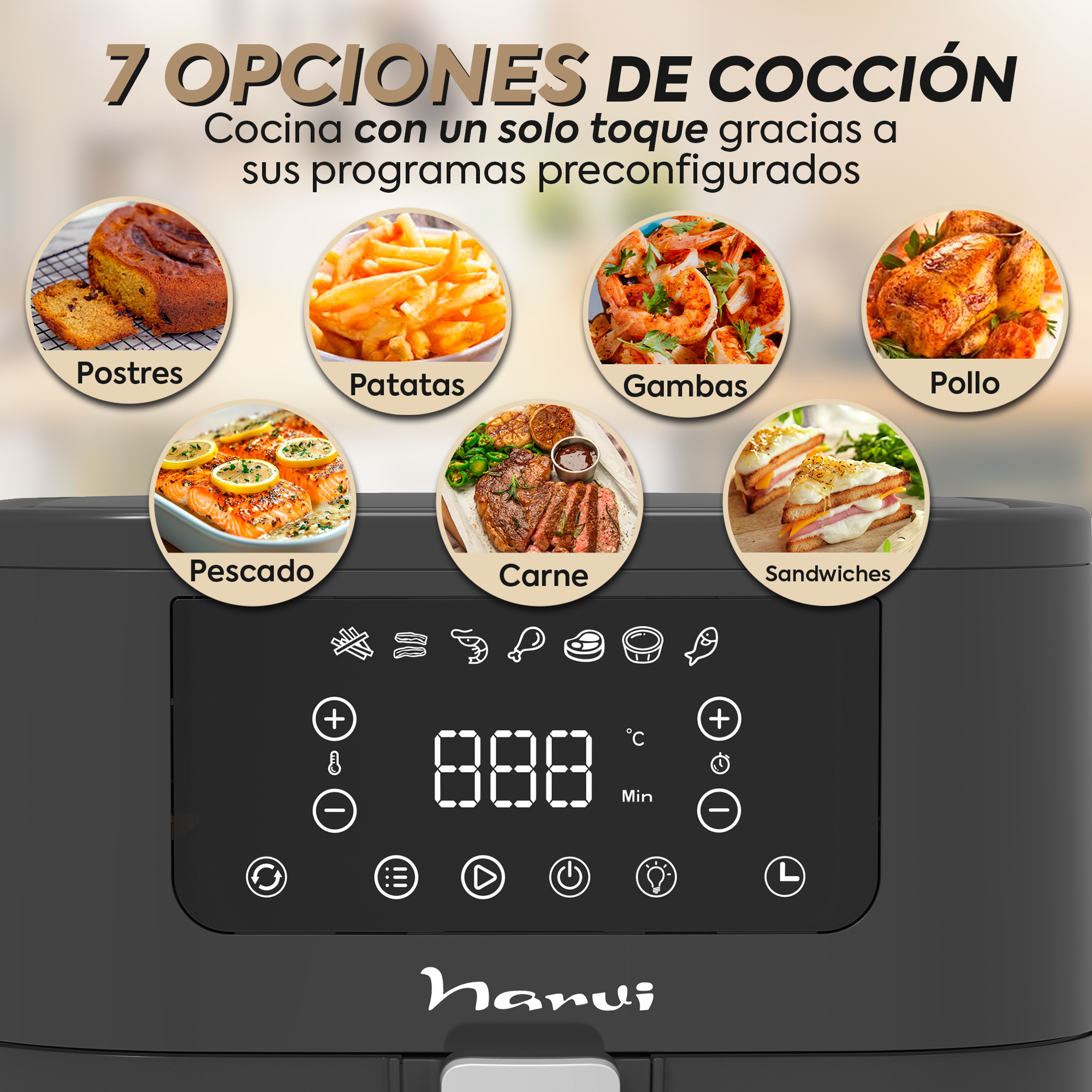 Freidora de aire con 7 opciones de cocción: Postres, Patatas, Gambas, Pollo, Pescado, Carne.