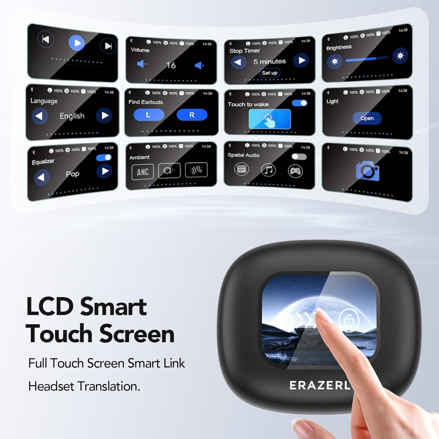 LCD Smart Touch Screen mit verschiedenen Menüoptionen und einem Gerät mit Fingerinteraktion.