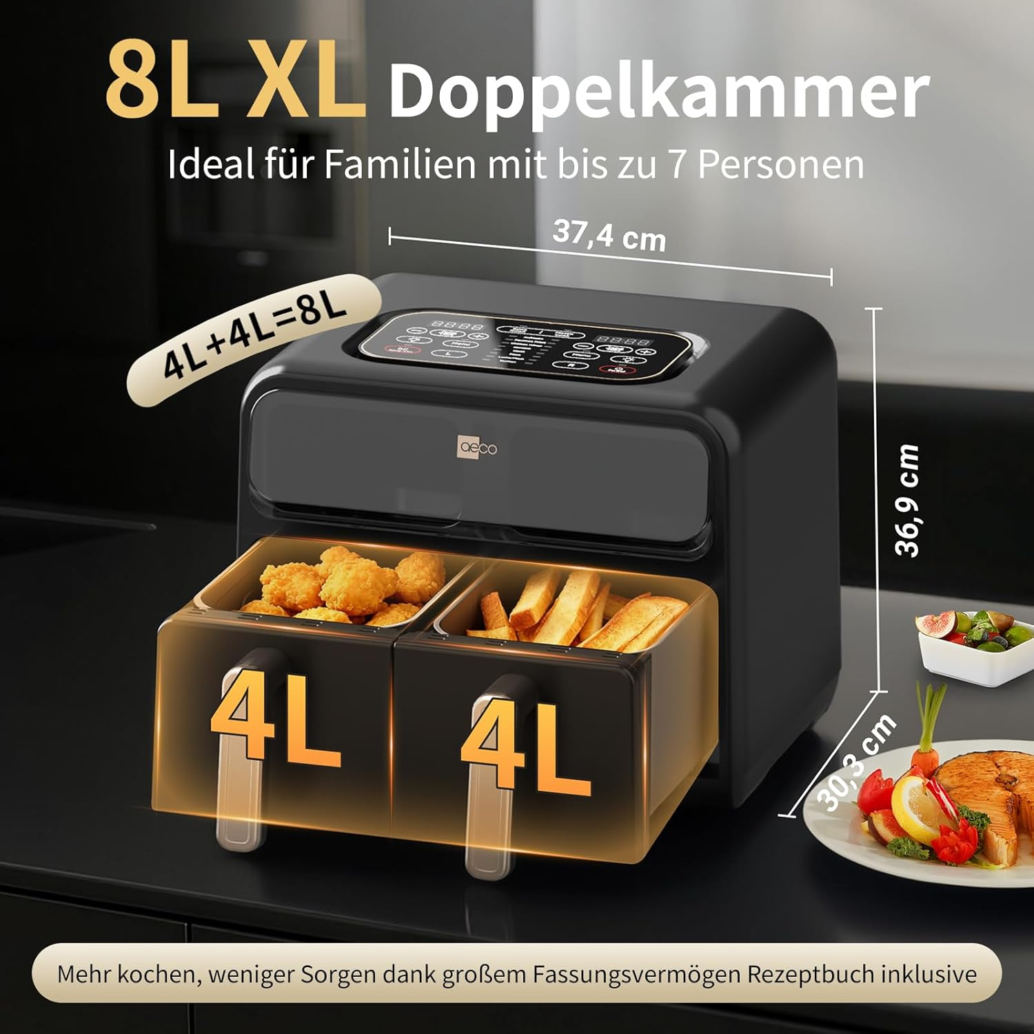 Schwarzer Heißluftfritteuse mit zwei 4L-Schubladen, eine gefüllt mit Nuggets, andere mit Pommes.