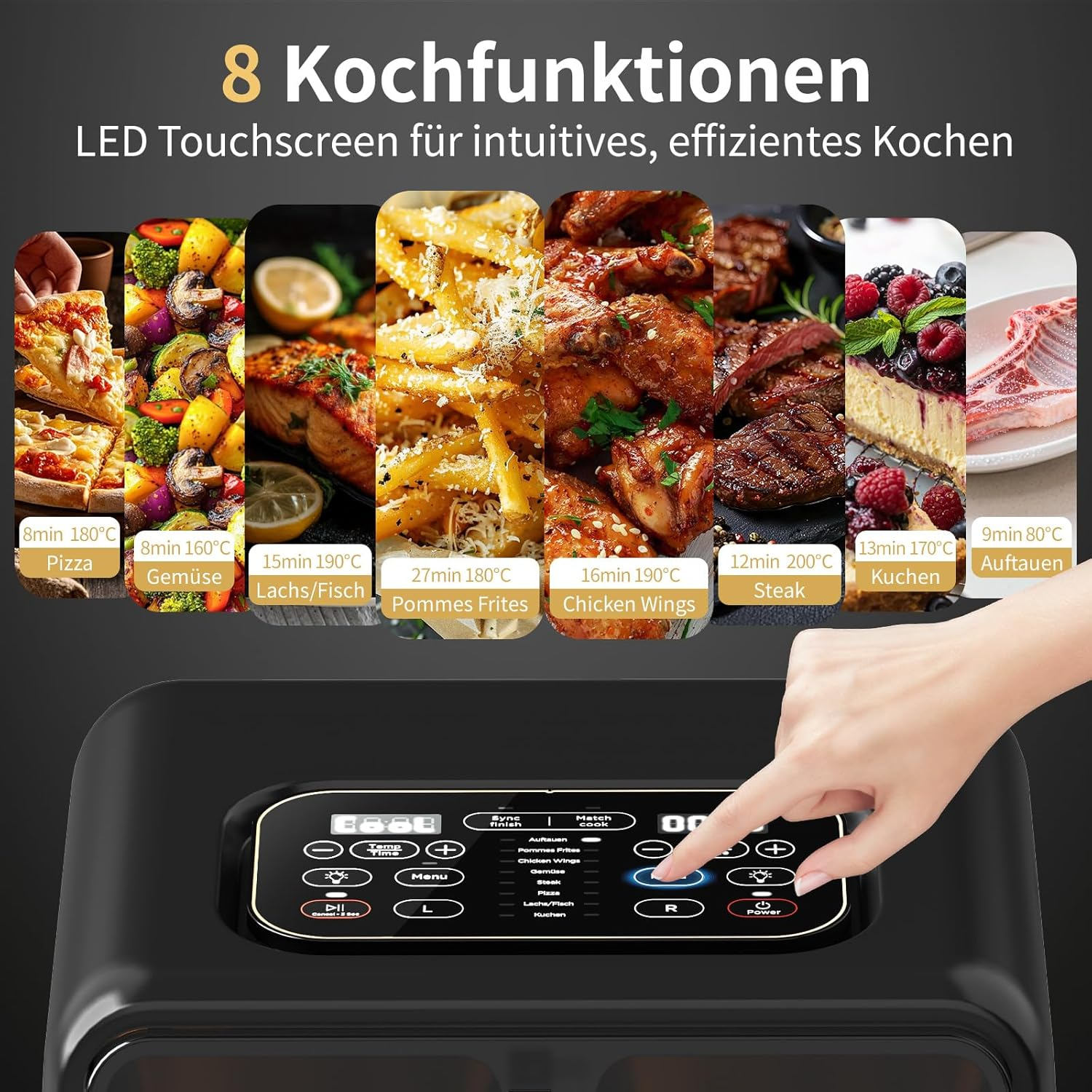 Gerät mit Touchscreen und verschiedenen Kochoptionen wie Pizza, Gemüse, Fisch, Pommes, Wings, Steak, Kuchen, Auftauen.