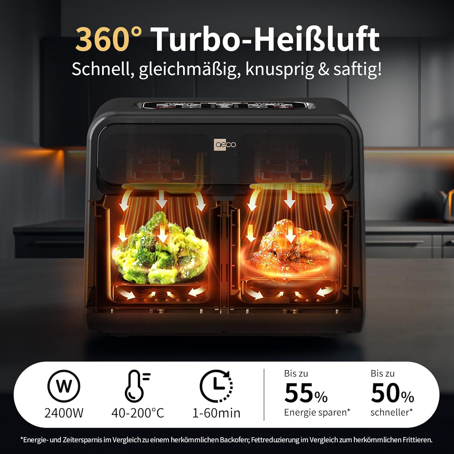 Doppel-Heißluftfritteuse mit zwei Kammern, die Brokkoli und Hähnchen zubereitet.