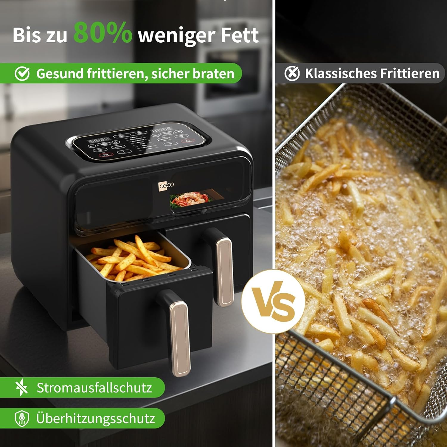 Luftfritteuse mit Pommes neben klassisch frittierten Pommes in Öl.