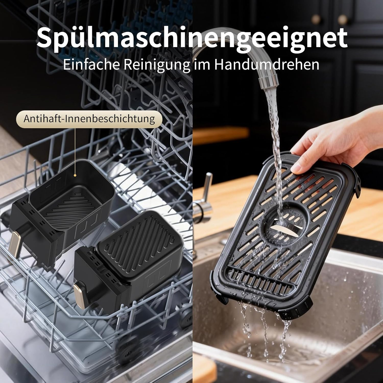 Zwei schwarze Grillkörbe in einer Spülmaschine und einer unter fließendem Wasser.
