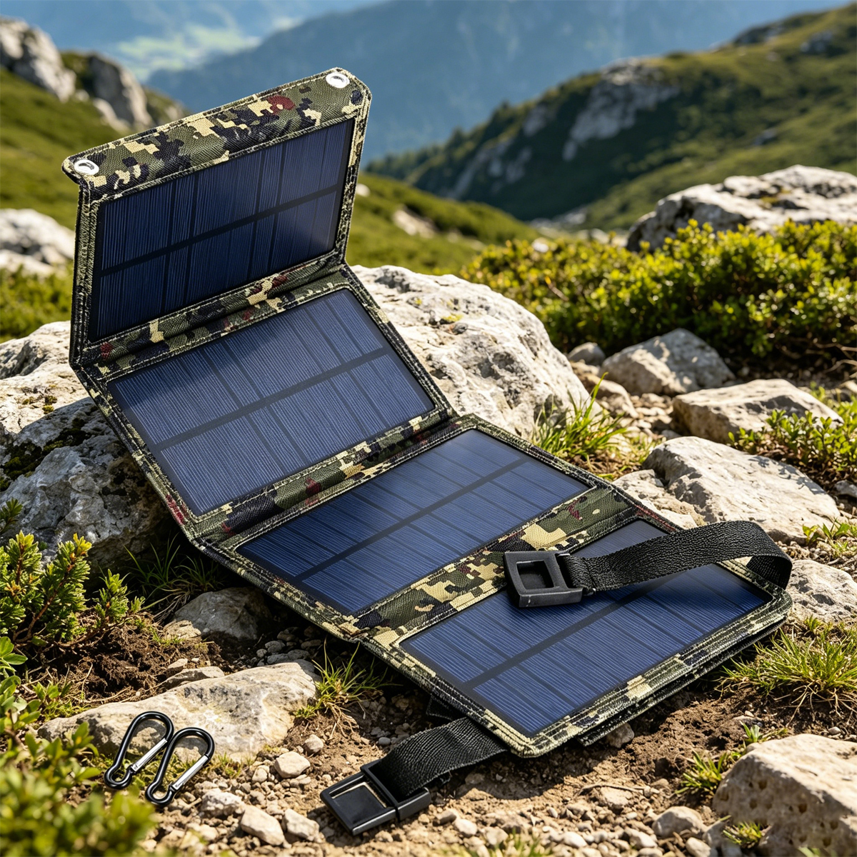 Ein aufklappbares Solarpanel mit Tarnmuster liegt auf felsigem Boden in den Bergen.