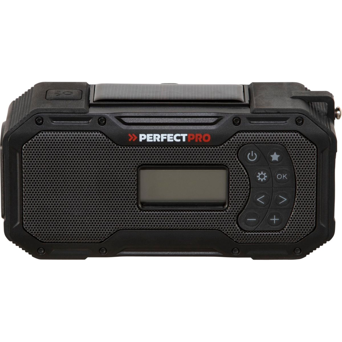 Schwarzes robustes Radio mit Solarmodul, Display und Bedienelementen.